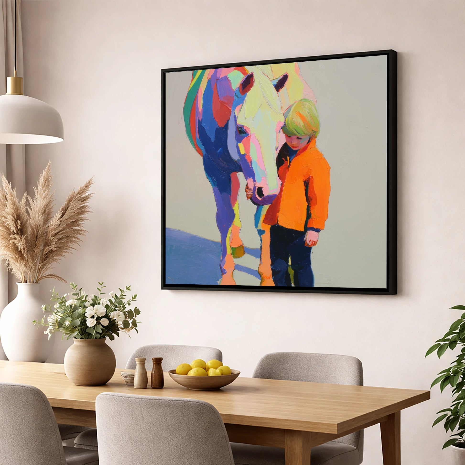 Radiant Bond horse & rider wall art displayed in a dining room