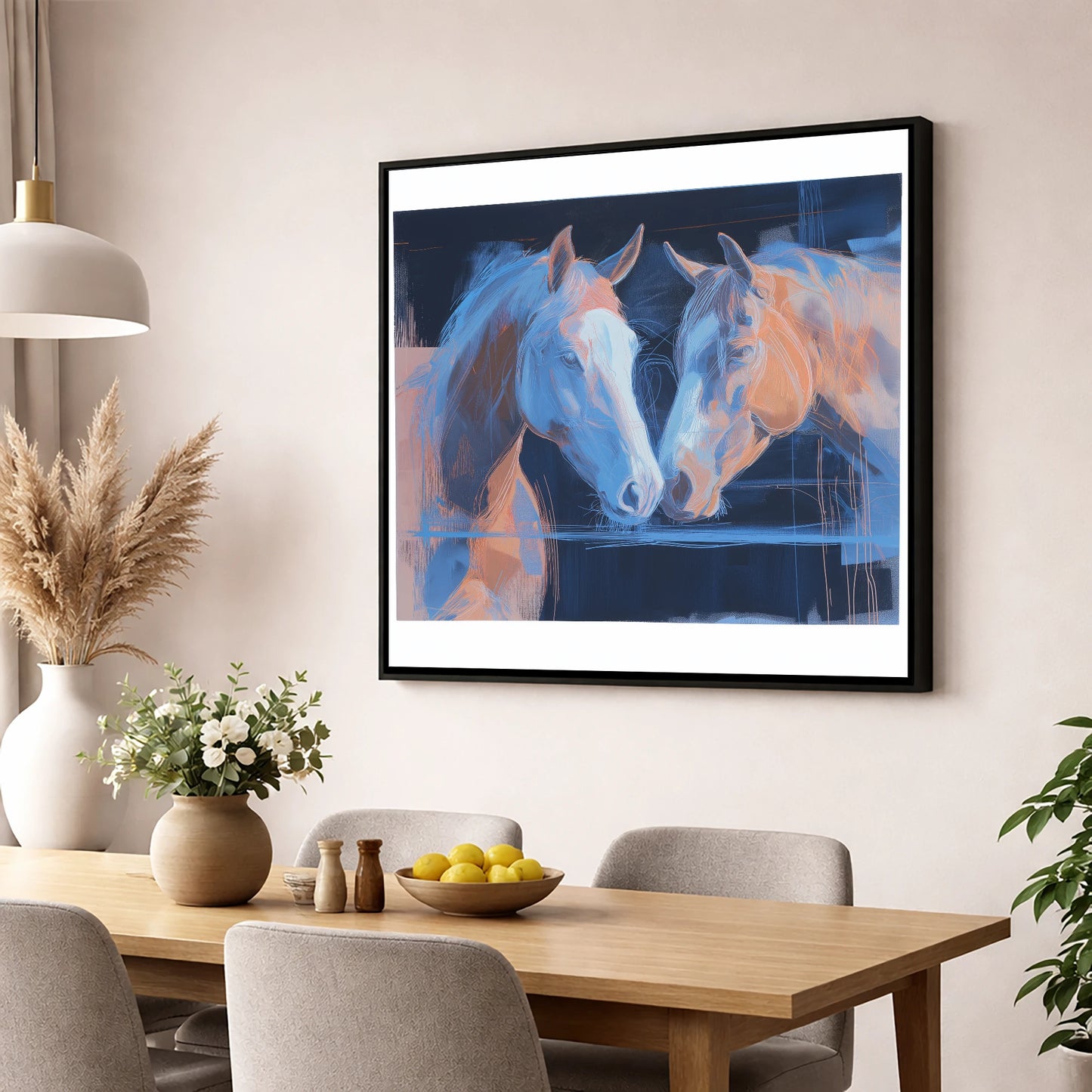 Quiet Communion horse portrait wall art displayed in a dining room