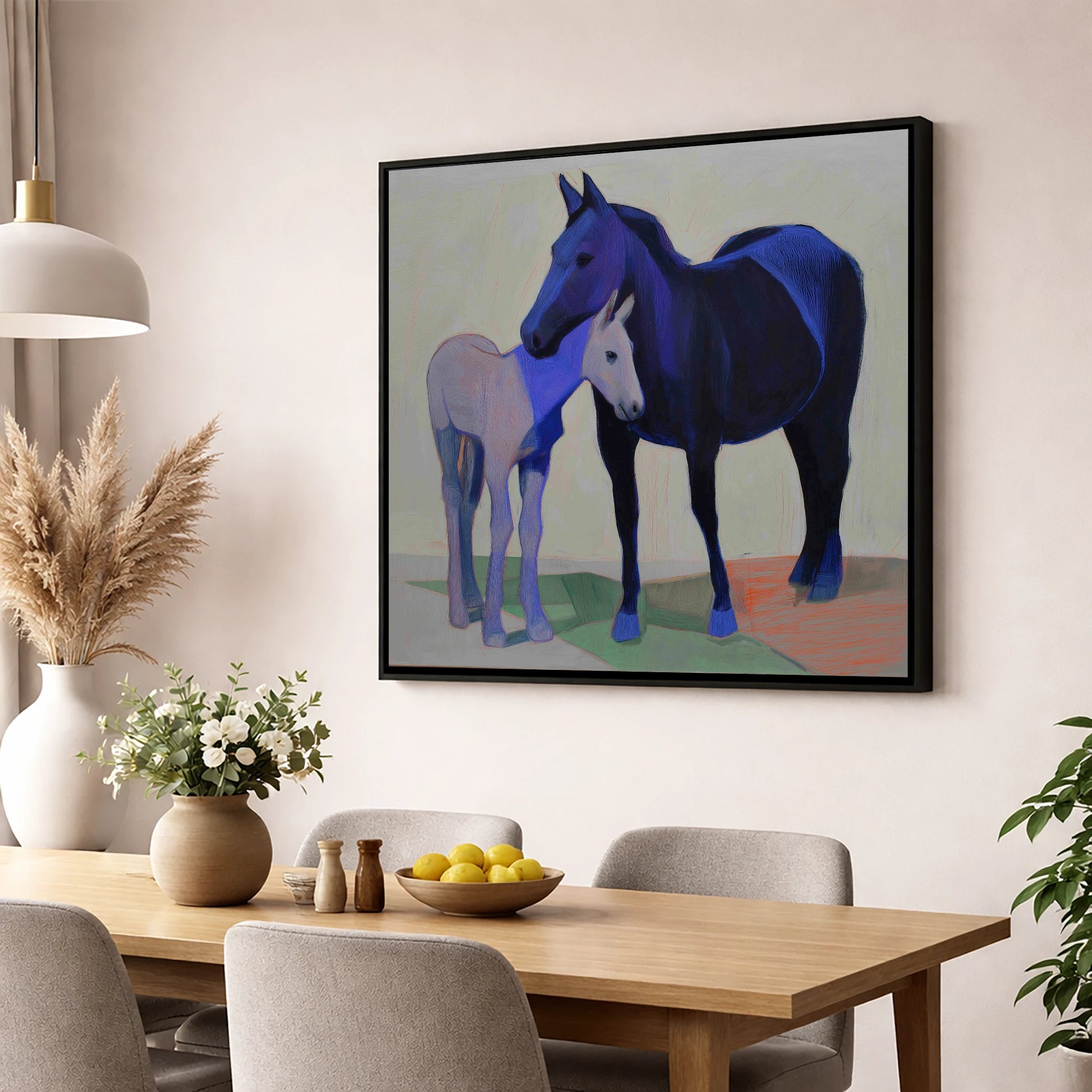 Indigo Embrace mare & foal wall art displayed in a dining room