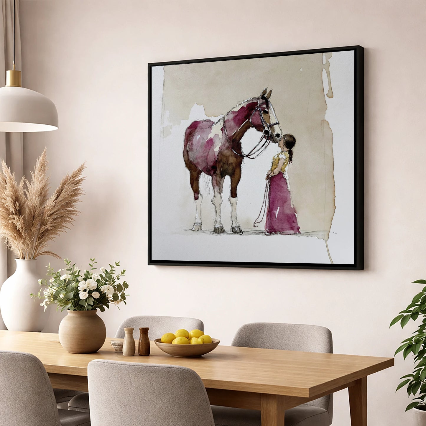 A Gentle Greeting horse & rider wall art displayed in a dining room