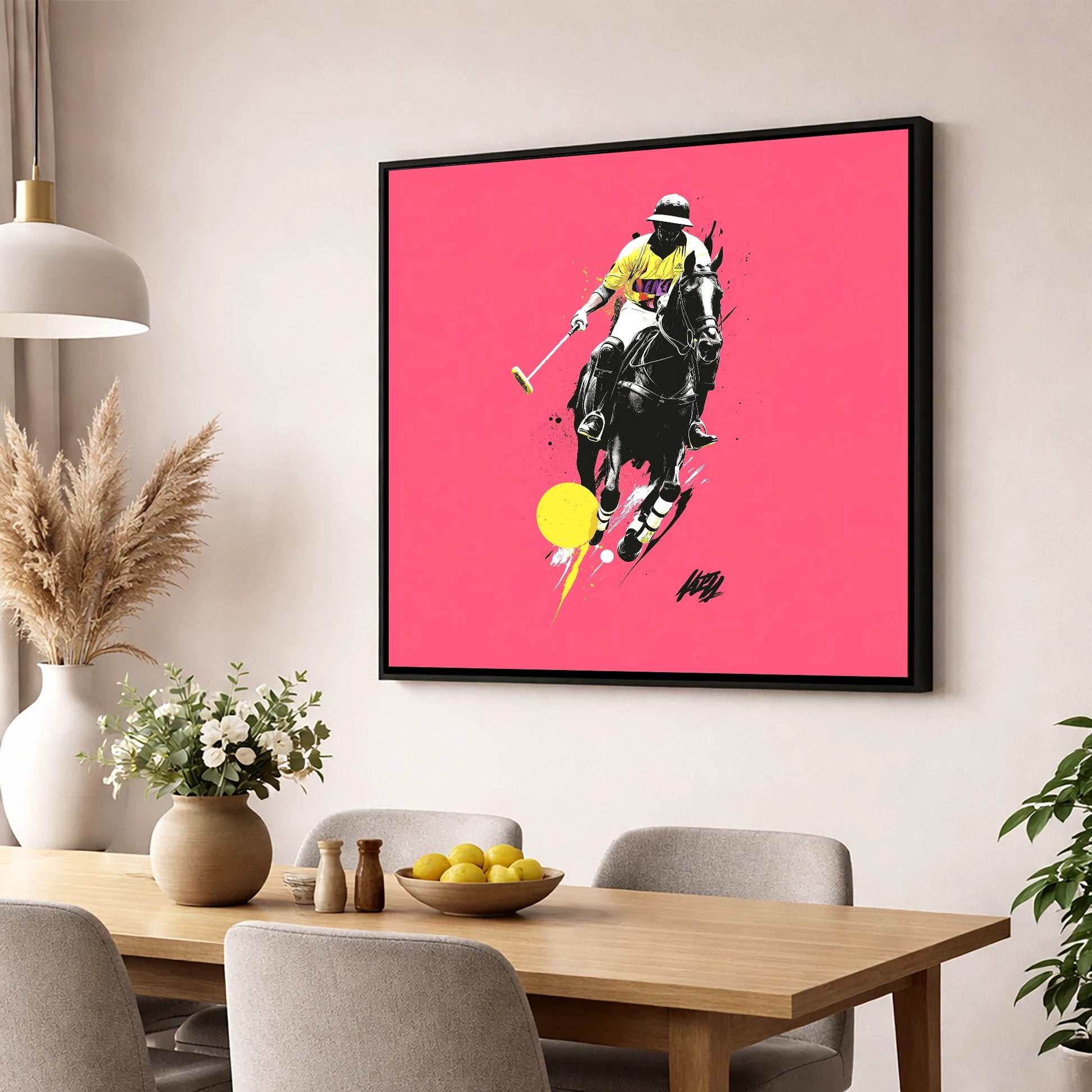Magenta Chukka polo horse wall art displayed in a dining room