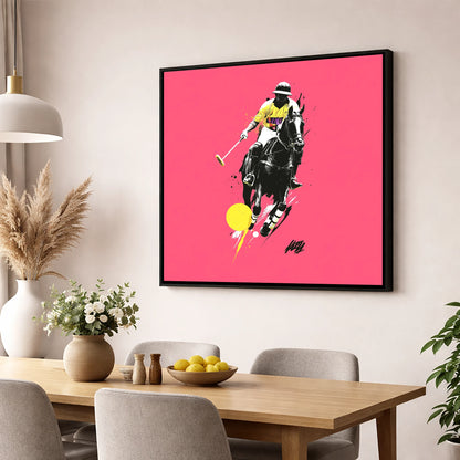 Magenta Chukka polo horse wall art displayed in a dining room