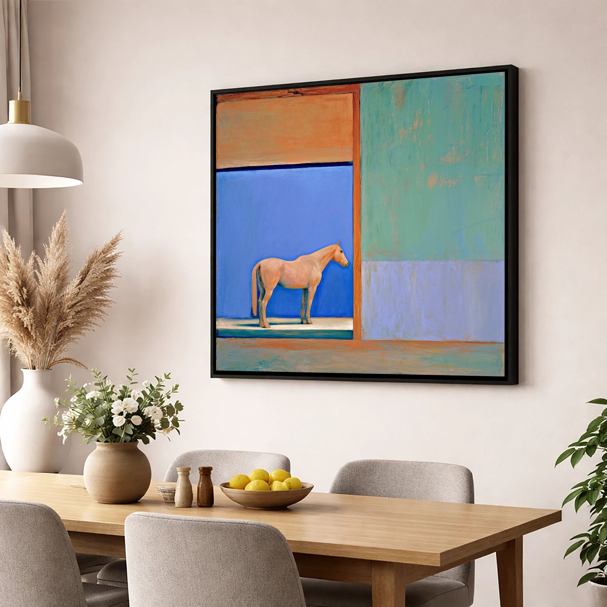 Cobalt Stable Light horse stable wall art displayed in a dining room