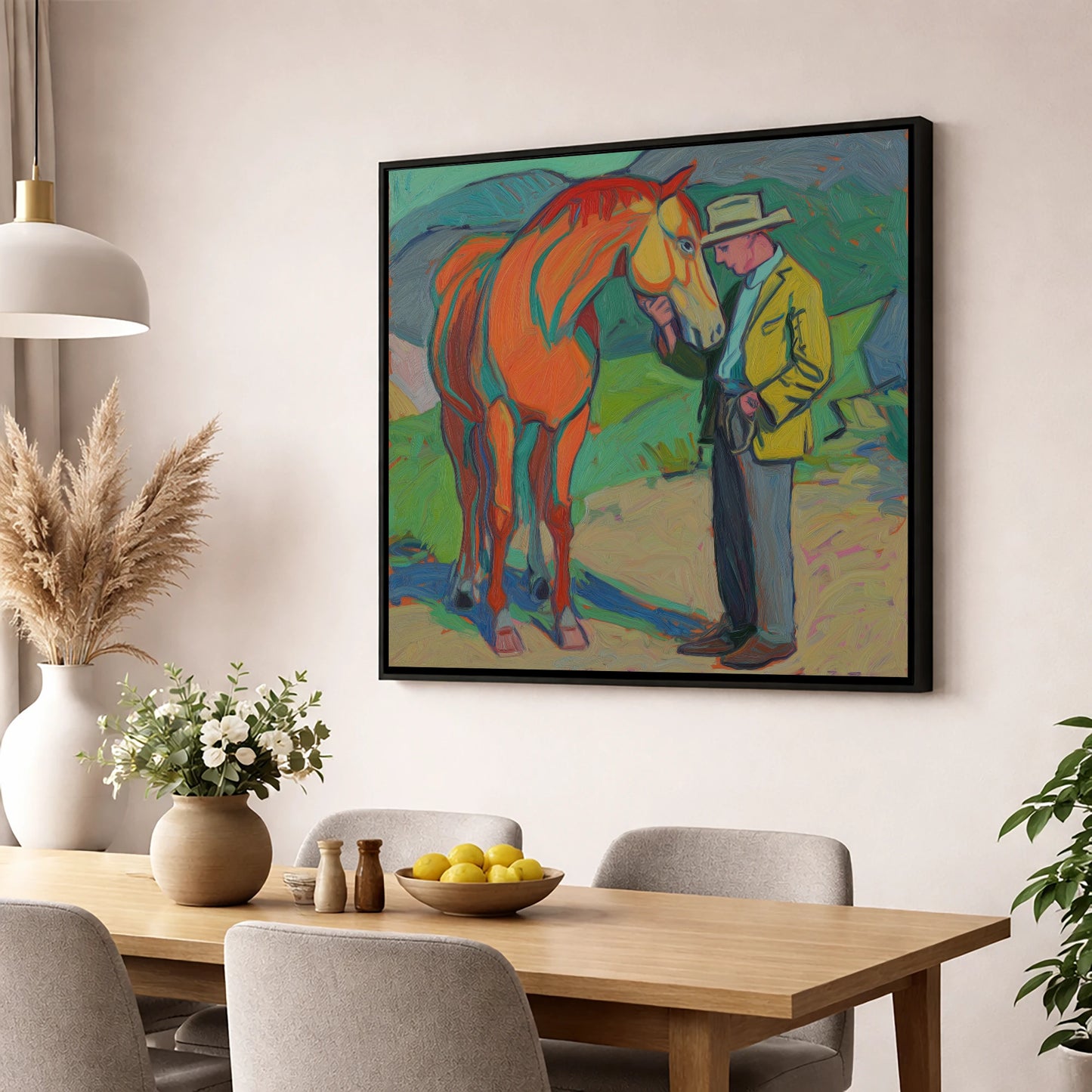 Vibrant Companionship horse & rider wall art displayed in a dining room