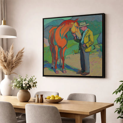 Vibrant Companionship horse & rider wall art displayed in a dining room