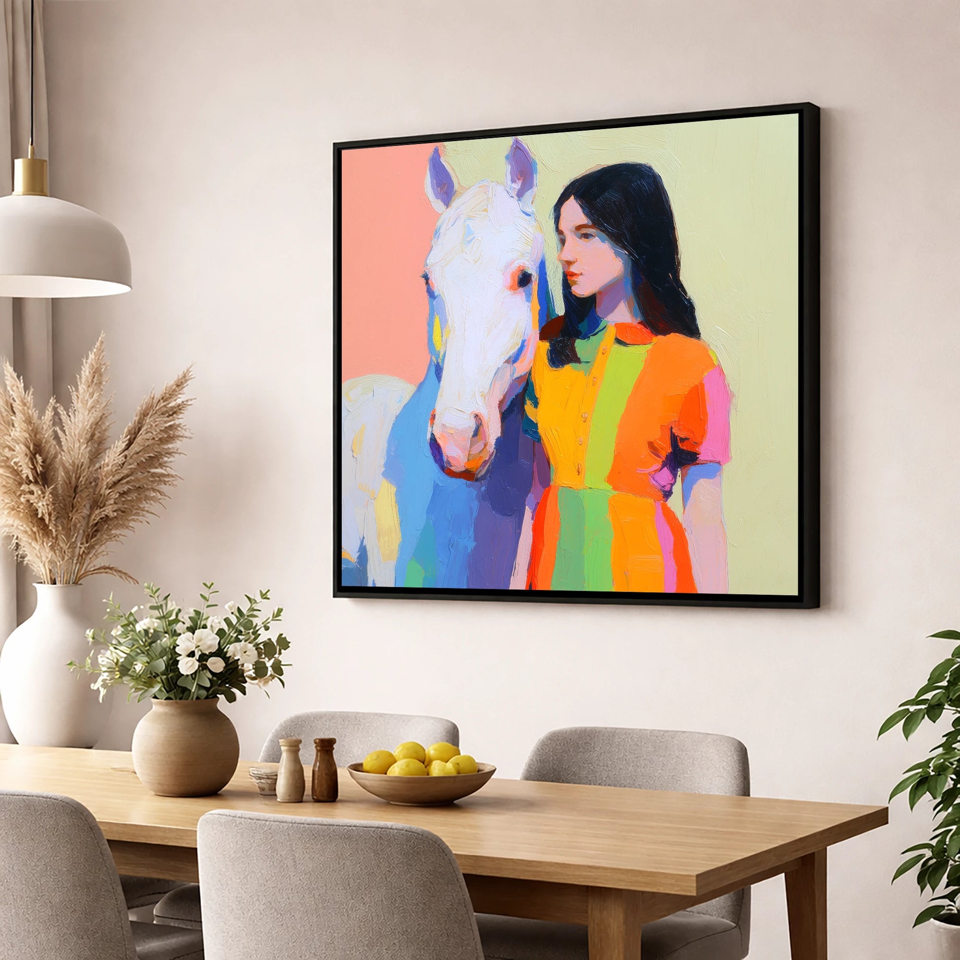 Vibrant Harmony horse & rider wall art displayed in a dining room