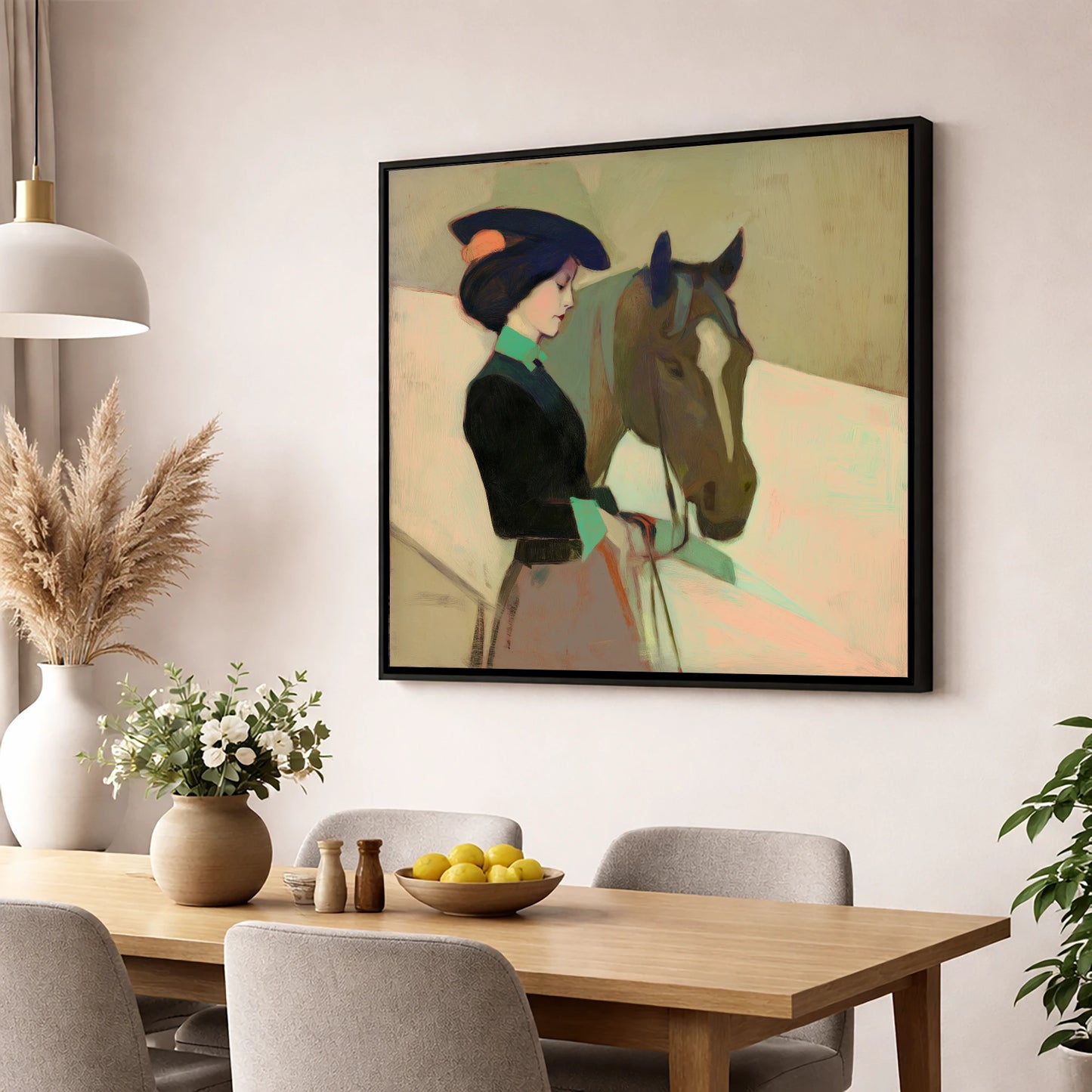 The Elegant Equestrienne horse & rider wall art displayed in a dining room