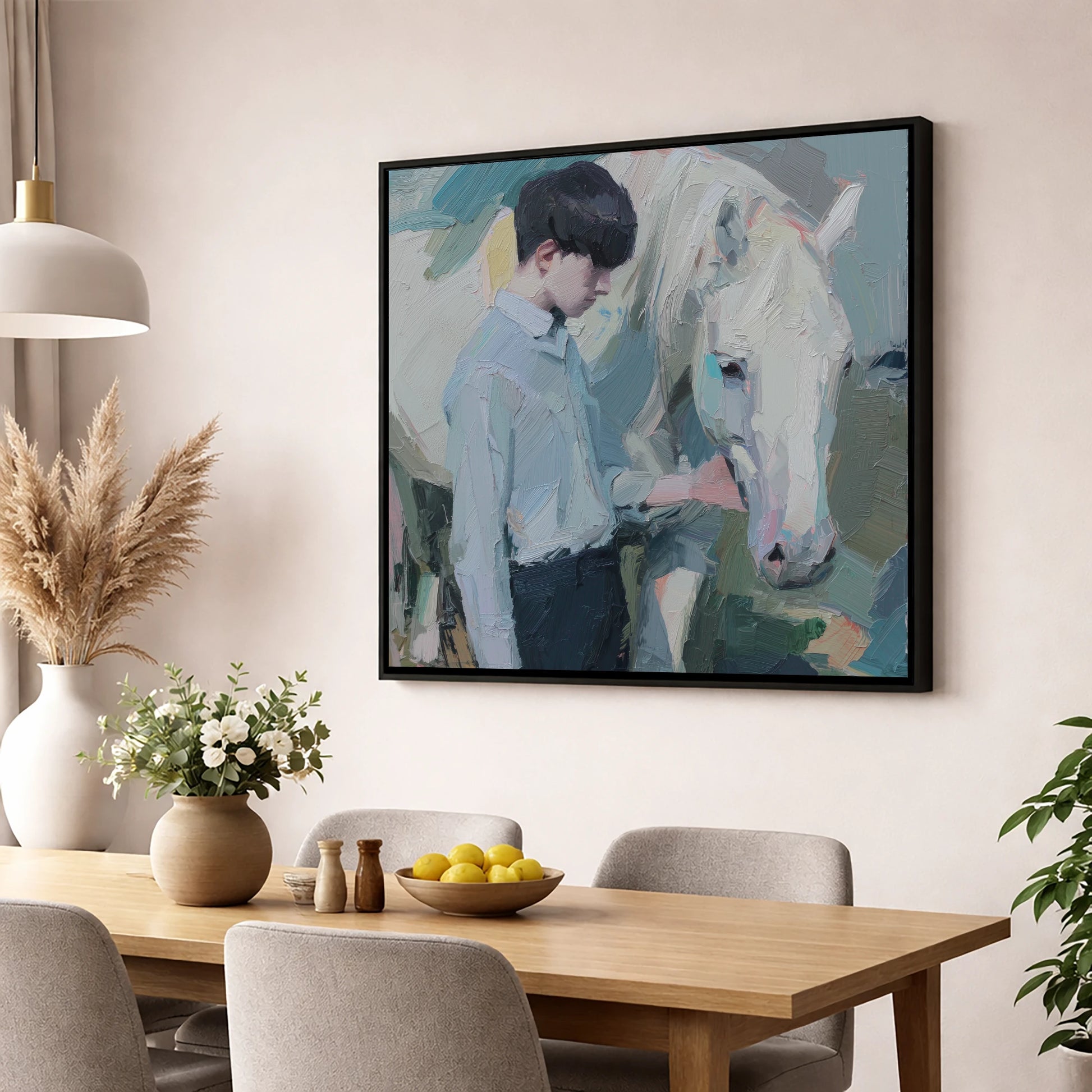 The Quiet Bond horse & rider wall art displayed in a dining room