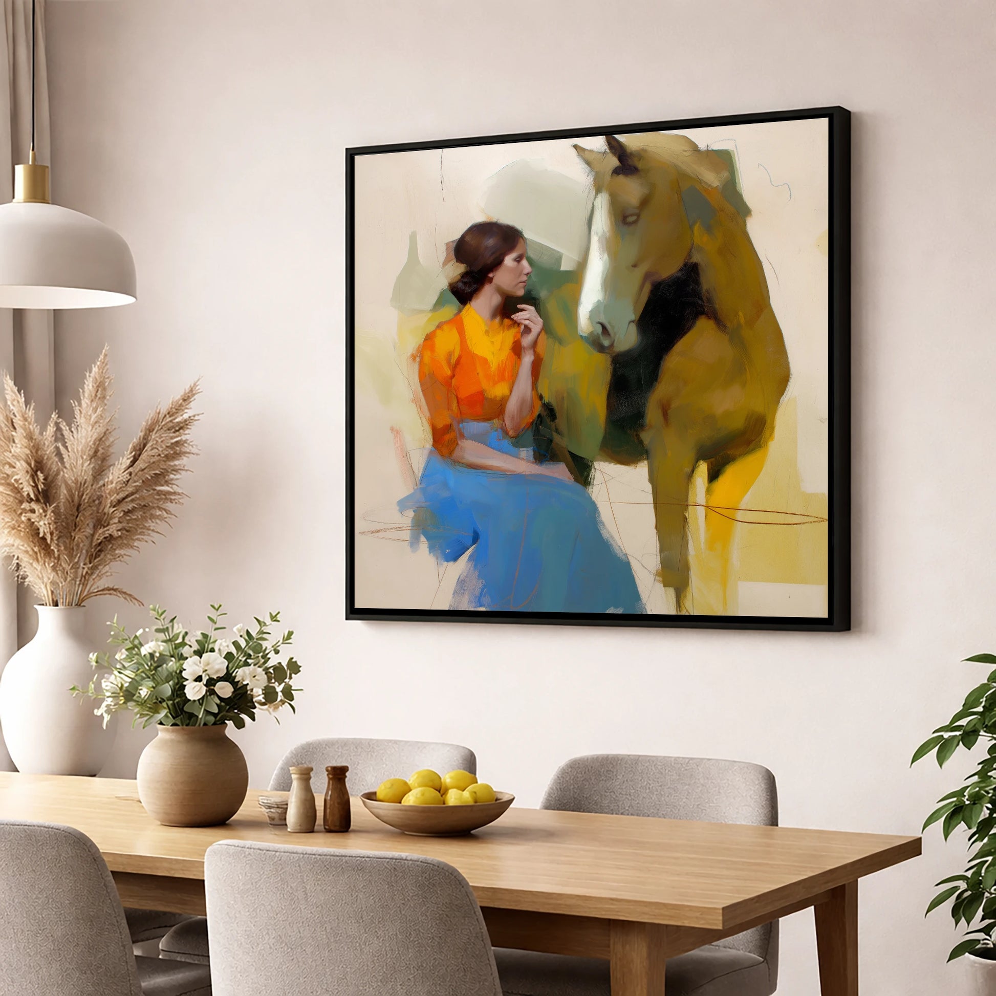The Quiet Connection horse & rider wall art displayed in a dining room