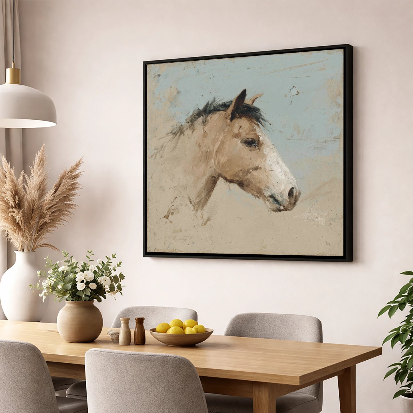 Study in Sand and Sky horse portrait wall art displayed in a dining room