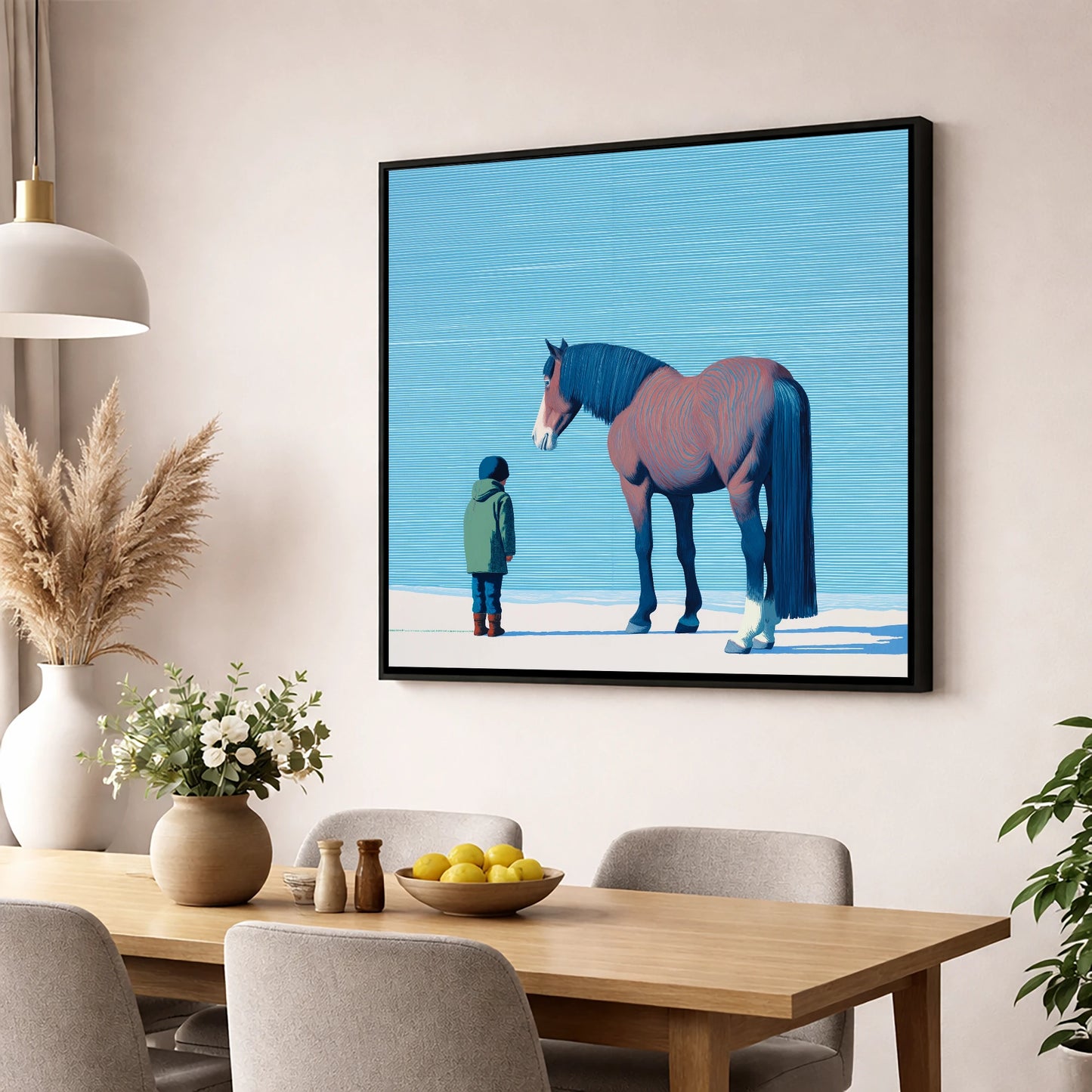 A Quiet Understanding horse & rider wall art displayed in a dining room