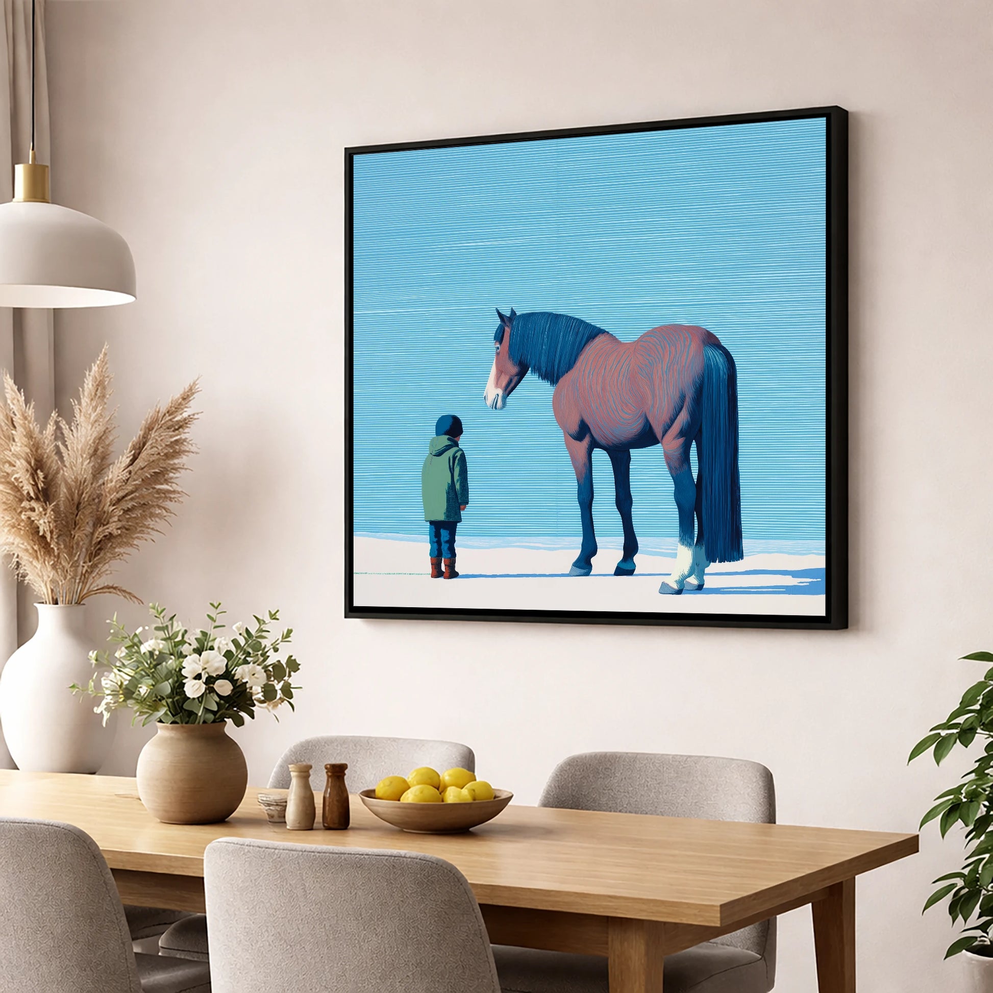A Quiet Understanding horse & rider wall art displayed in a dining room