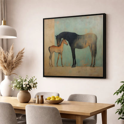 A Golden Bond mare & foal wall art displayed in a dining room