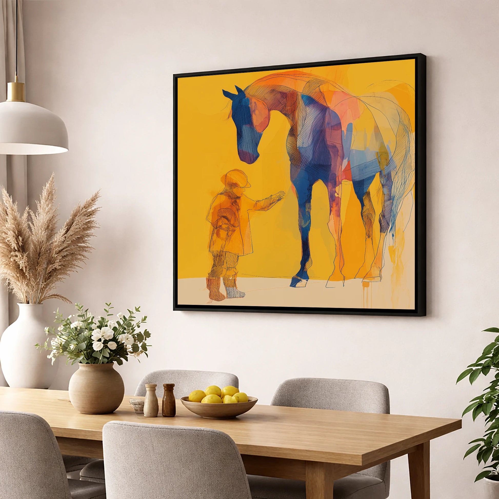 First Encounter in Gold horse & rider wall art displayed in a dining room