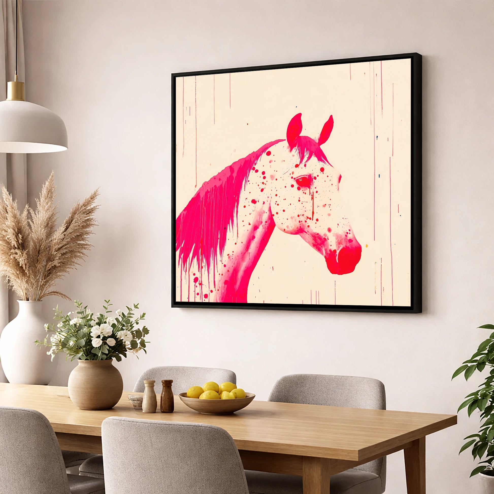 Bold Magenta Profile horse breed wall art displayed in a dining room