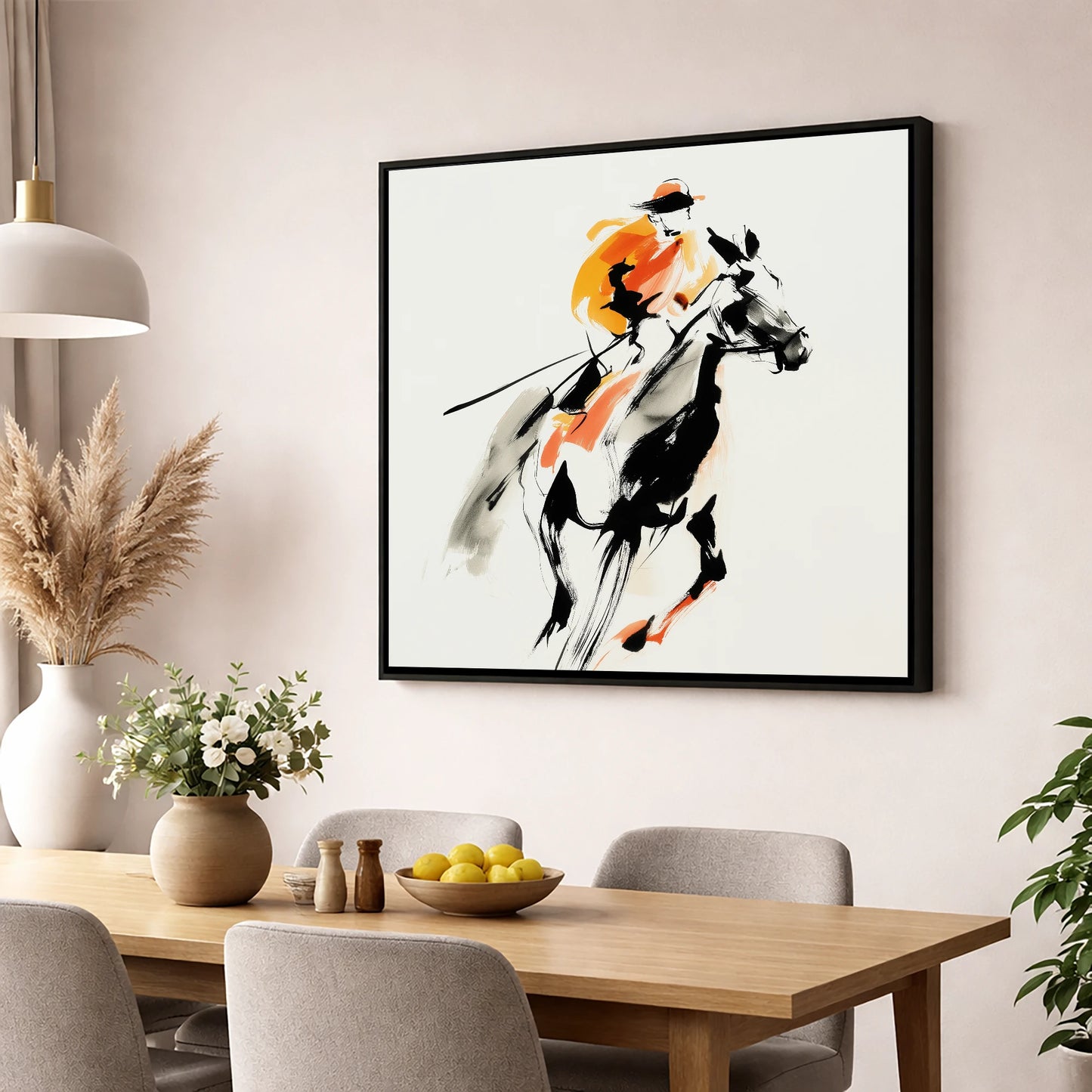 Amber Pace racing horse wall art displayed in a dining room