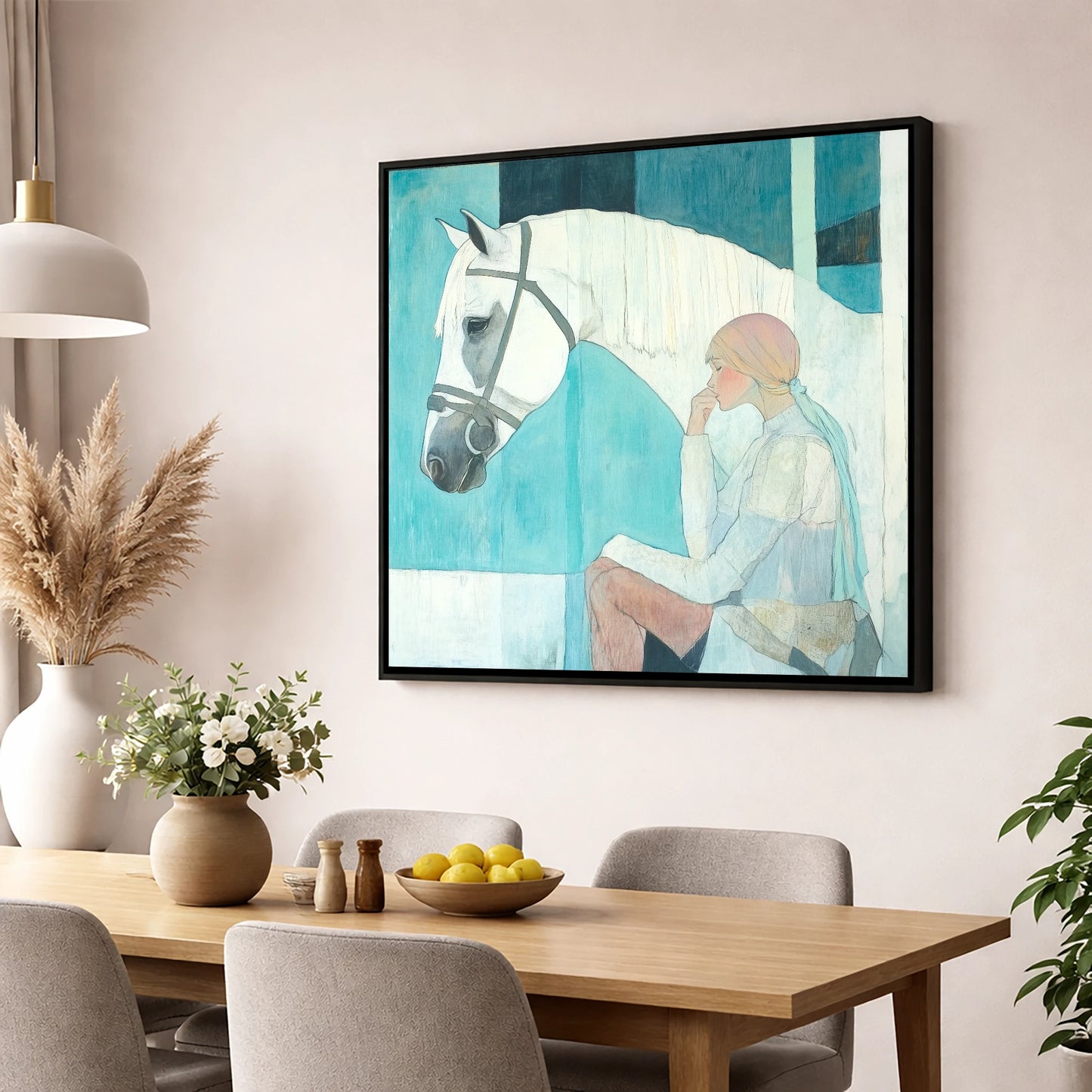 Quiet Contemplation horse & rider wall art displayed in a dining room