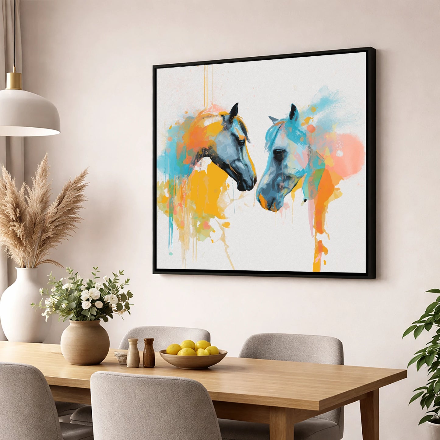 Spirited Bond horse portrait wall art displayed in a dining room