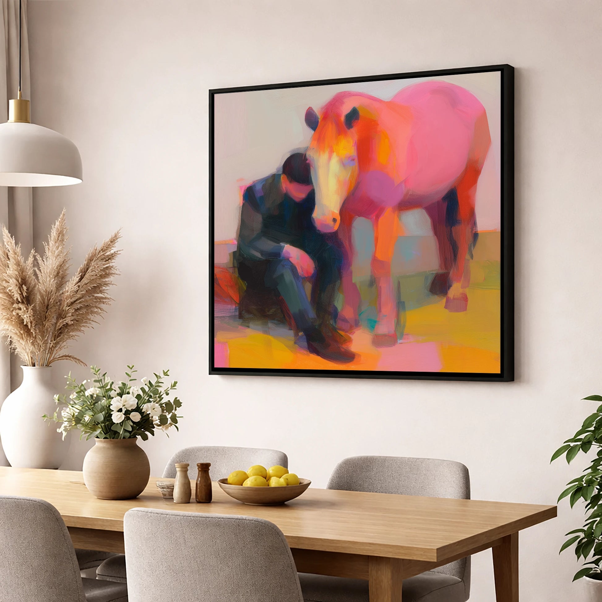 Radiant Solace horse & rider wall art displayed in a dining room