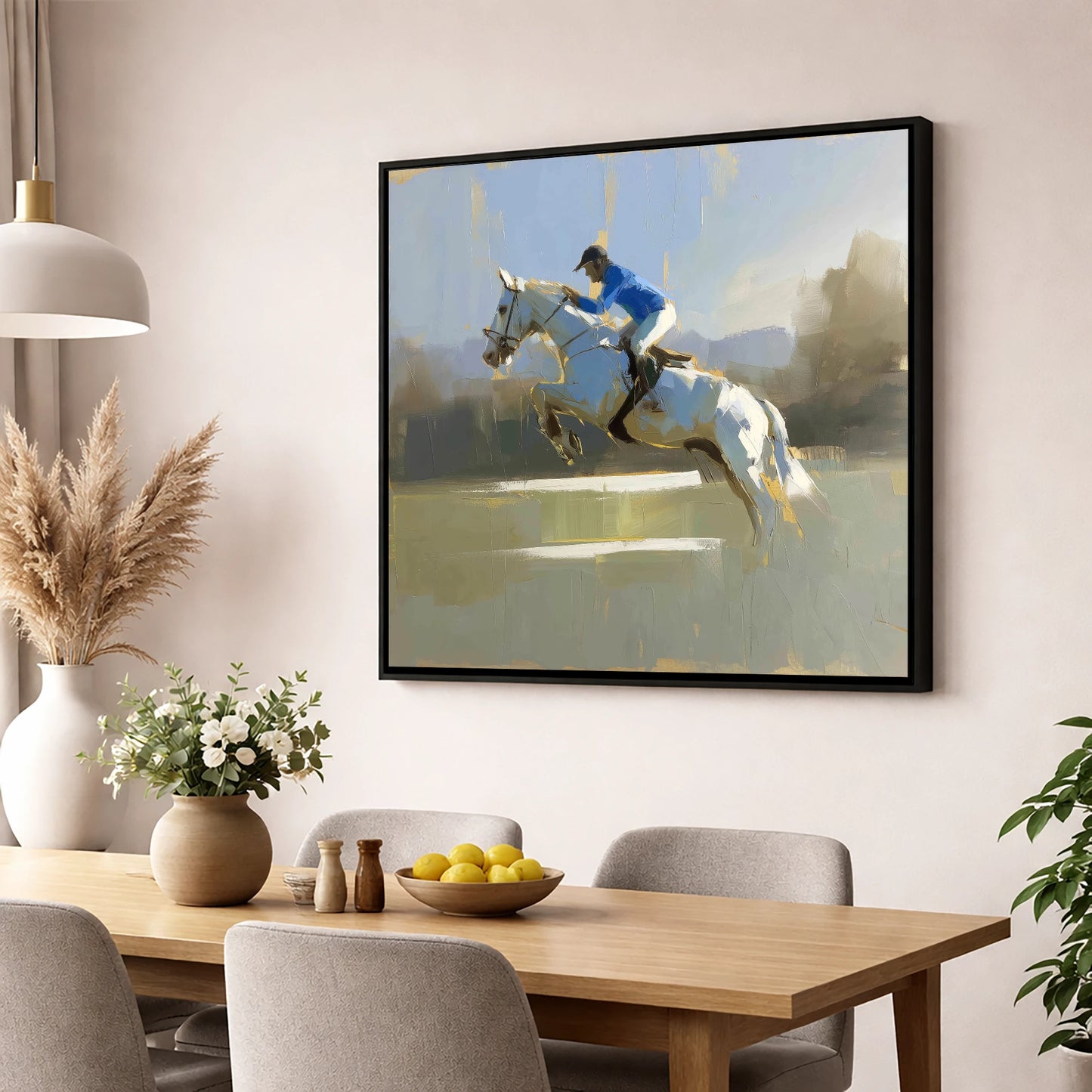 Flight in Blue show jumping horse wall art displayed in a dining room