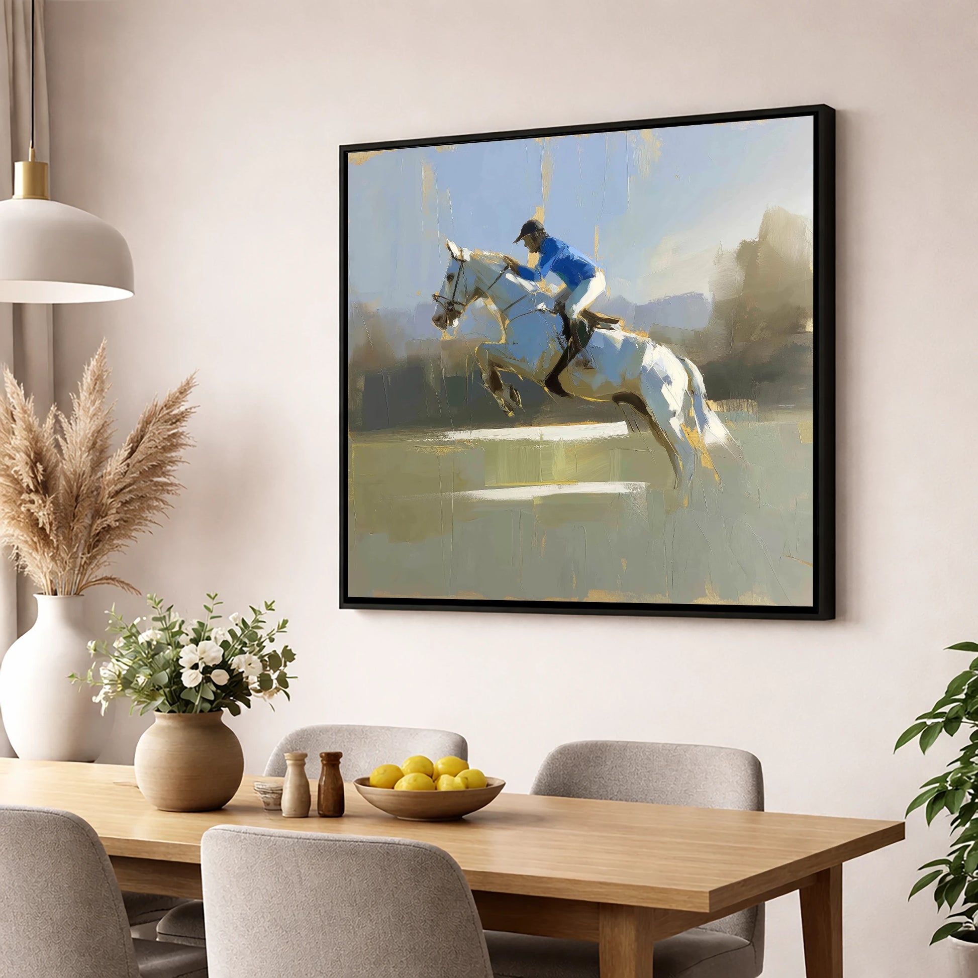 Flight in Blue show jumping horse wall art displayed in a dining room