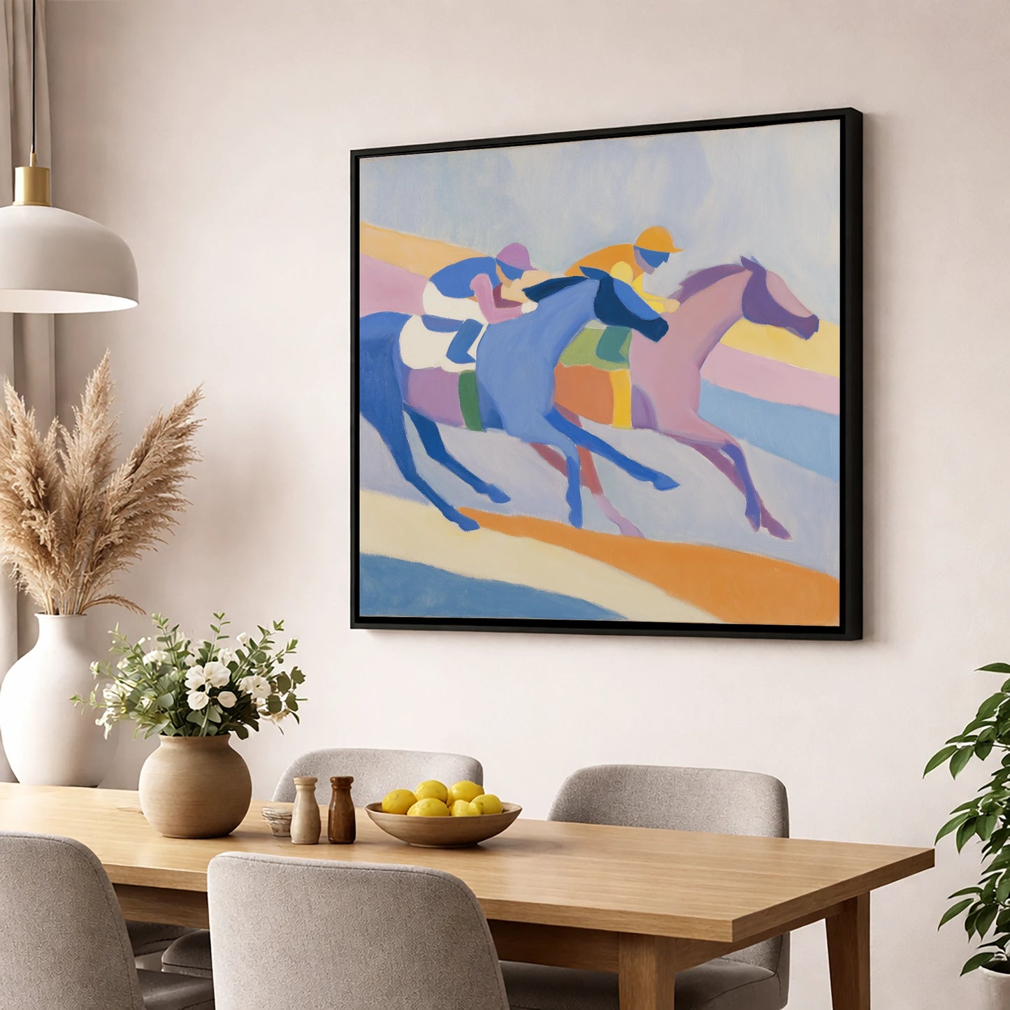 Modern Pastel Gallop racing horse wall art displayed in a dining room