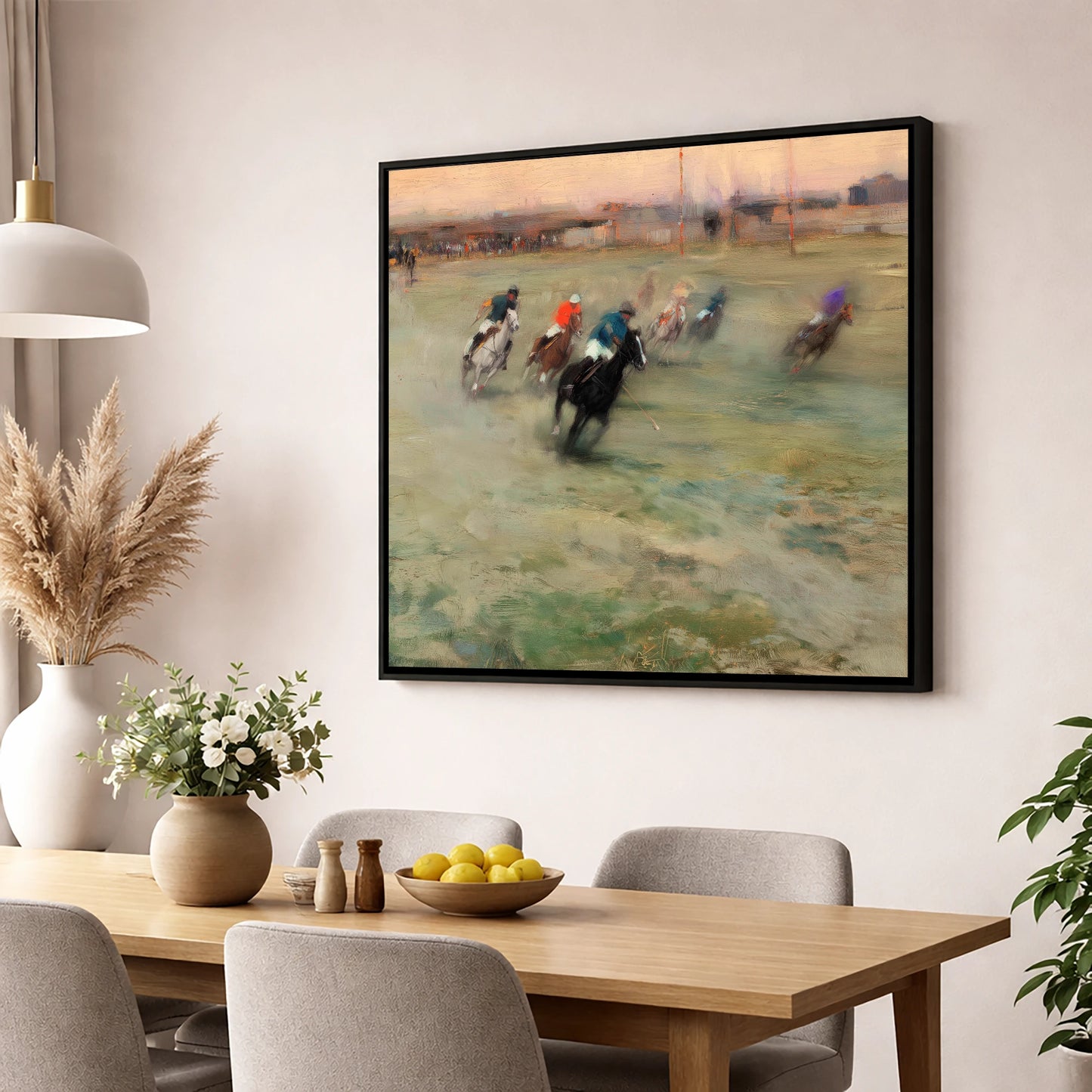 The Heat of the Chukka polo horse wall art displayed in a dining room