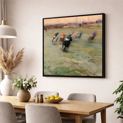 The Heat of the Chukka polo horse wall art displayed in a dining room