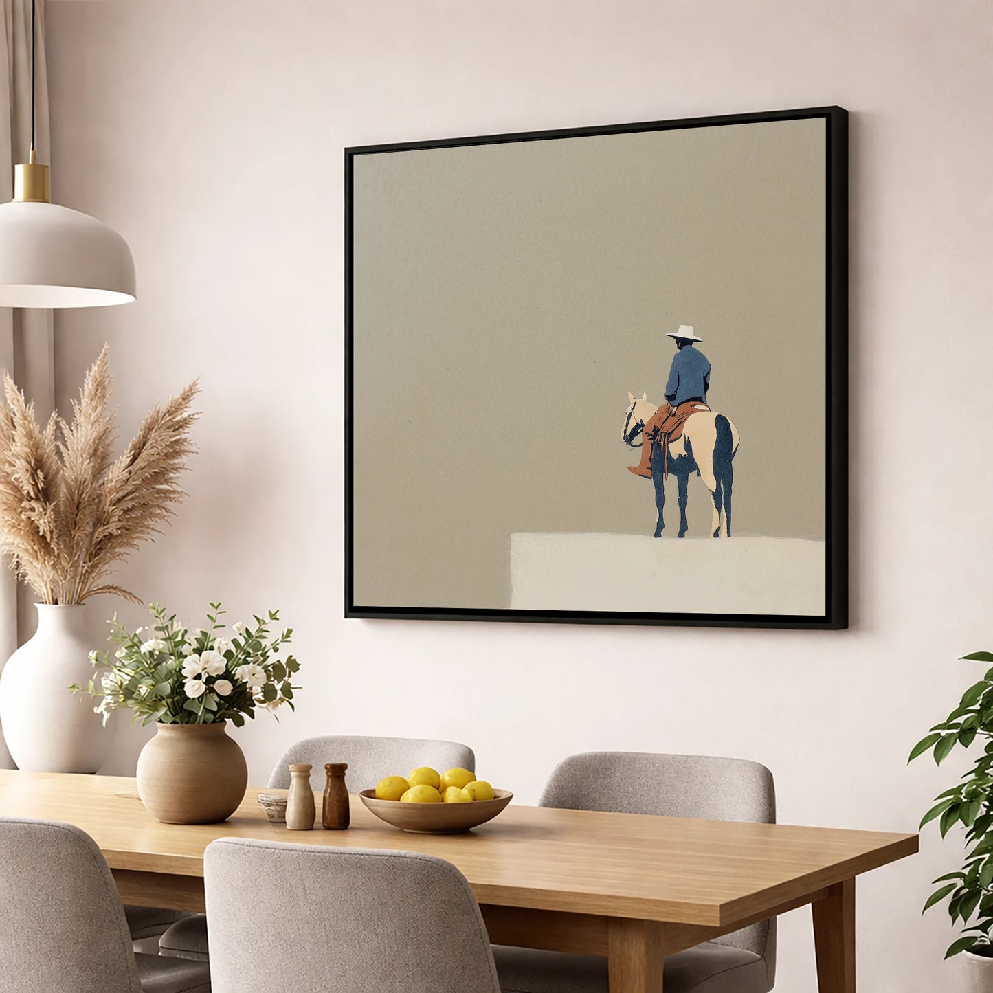 The Quiet Frontier western horse wall art displayed in a dining room