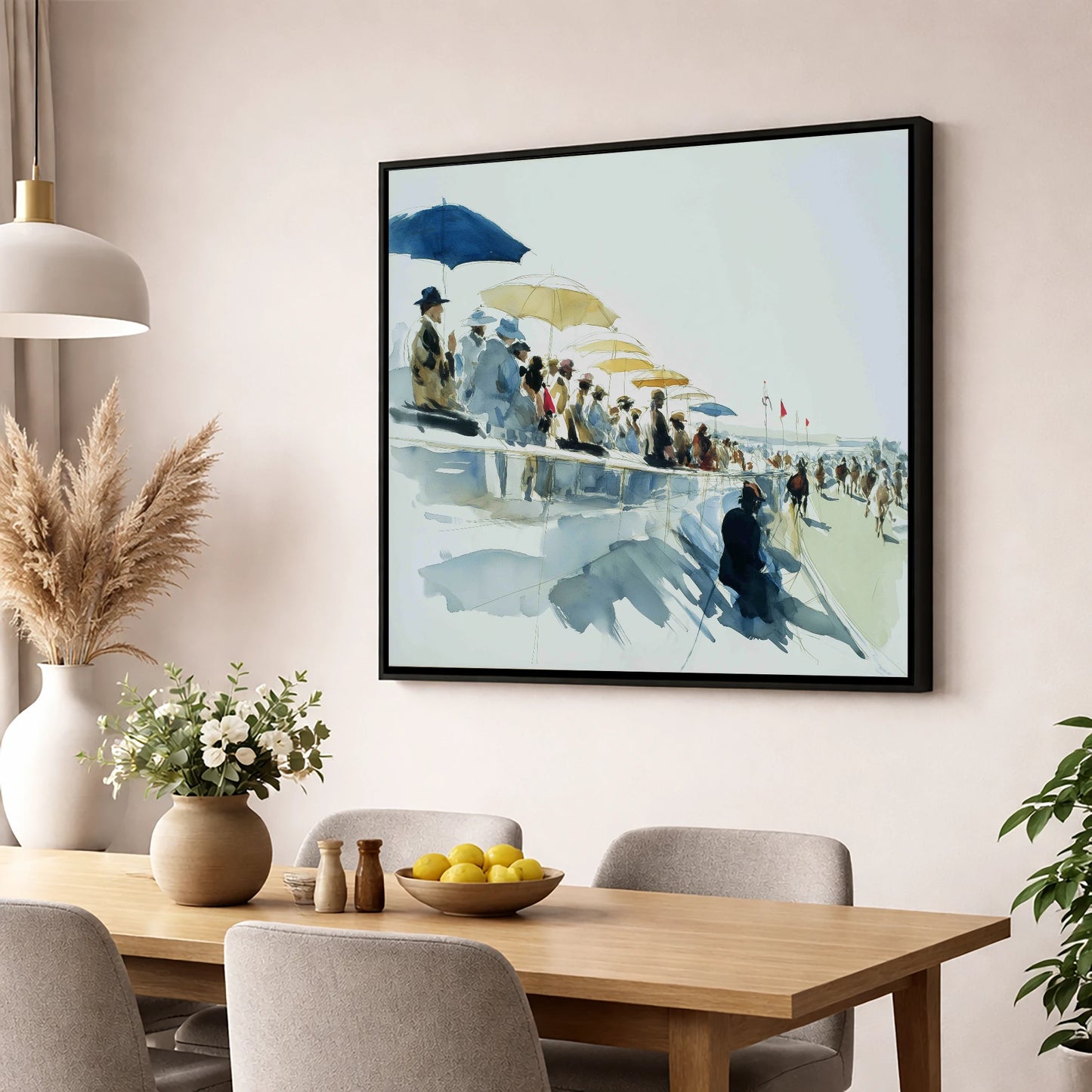 Gathering at the Rails racing horse wall art displayed in a dining room