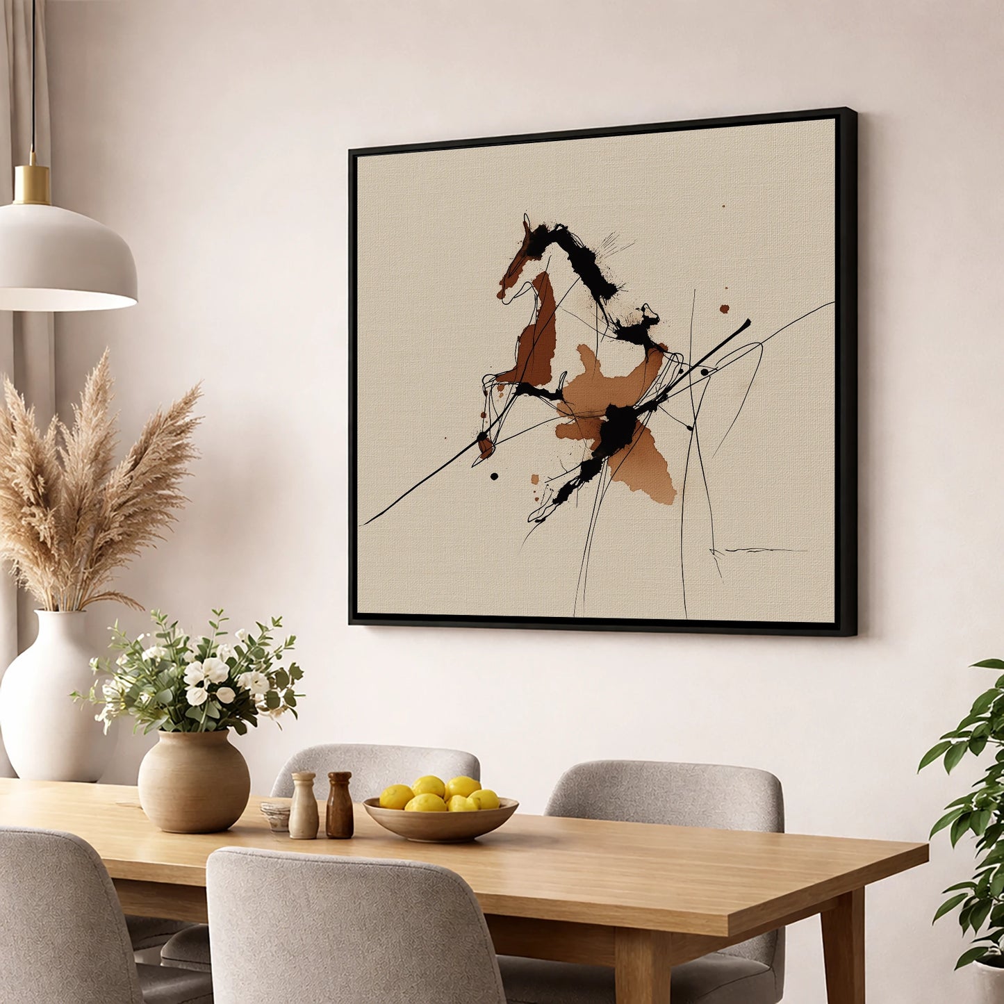 Abstract Rearing Stallion horse portrait wall art displayed in a dining room