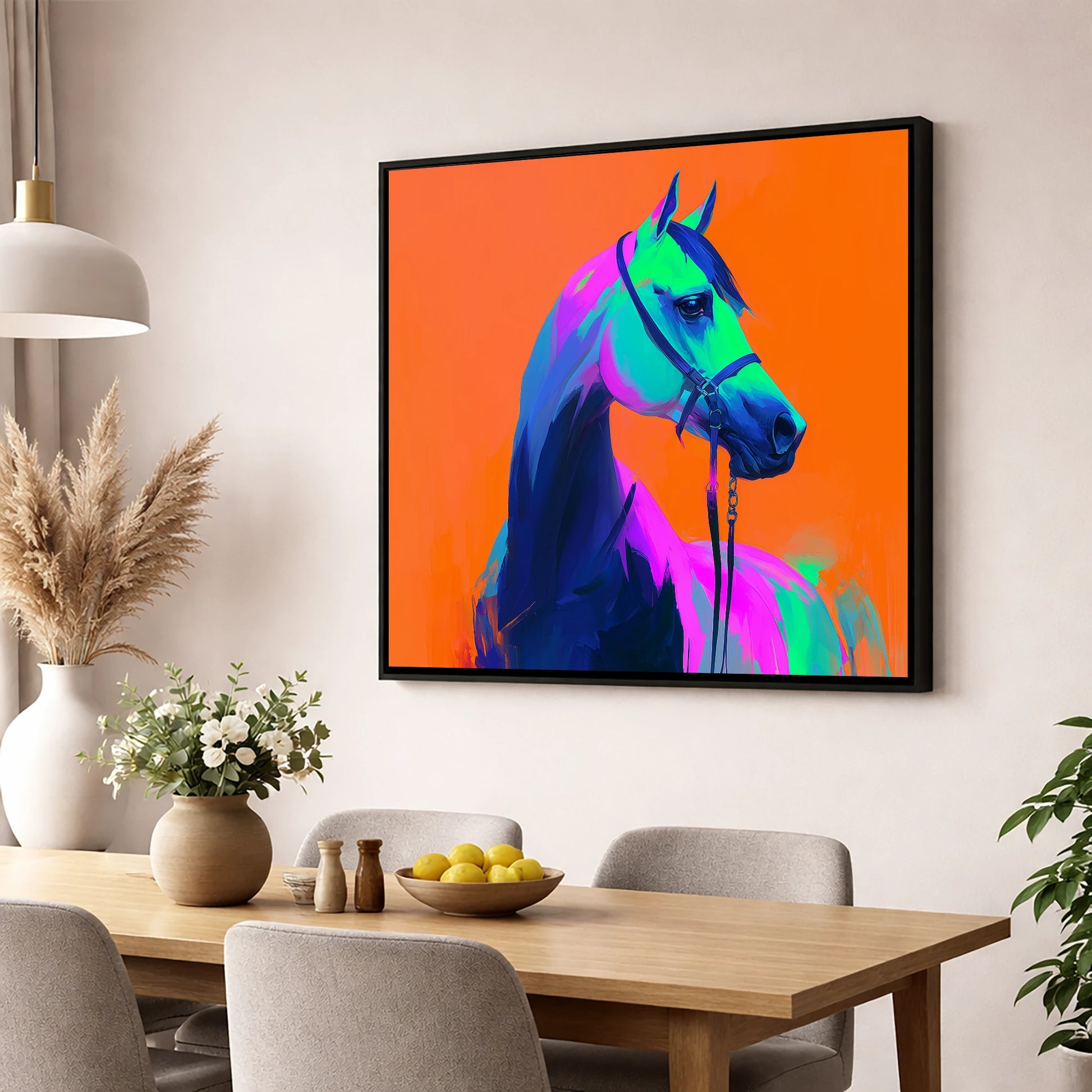 Technicolour Arabian horse breed wall art displayed in a dining room
