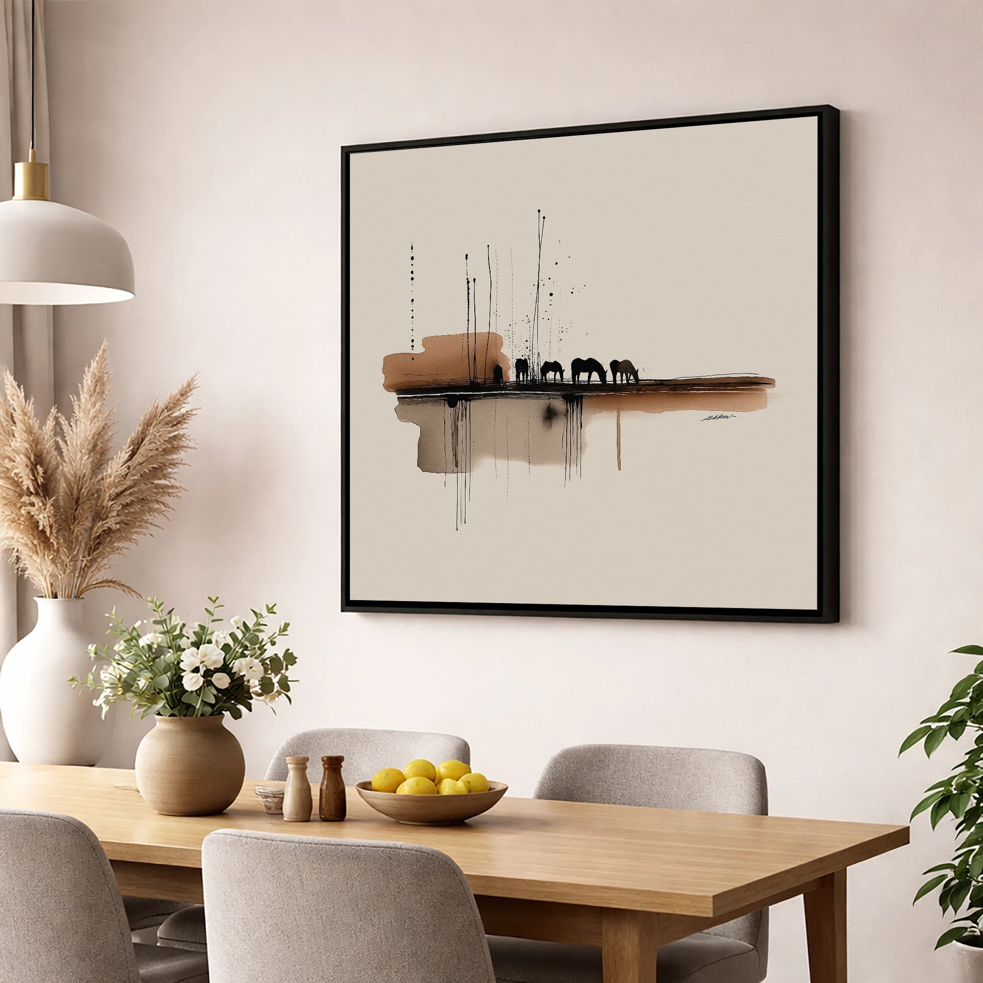 Sepia Horizon Herd horse landscape wall art displayed in a dining room