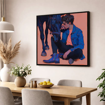 The Indigo Bond horse & rider wall art displayed in a dining room