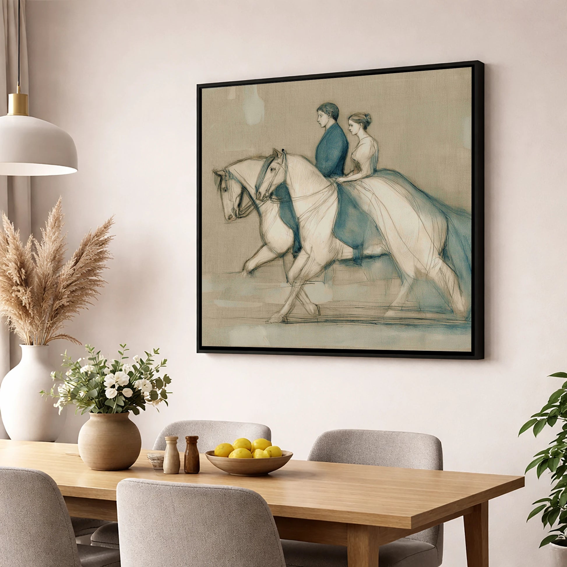 Quiet Companionship horse & rider wall art displayed in a dining room