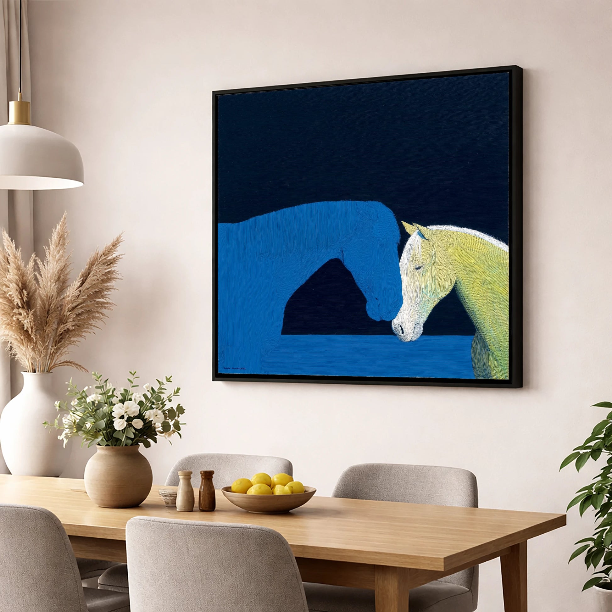 Silent Greeting horse portrait wall art displayed in a dining room