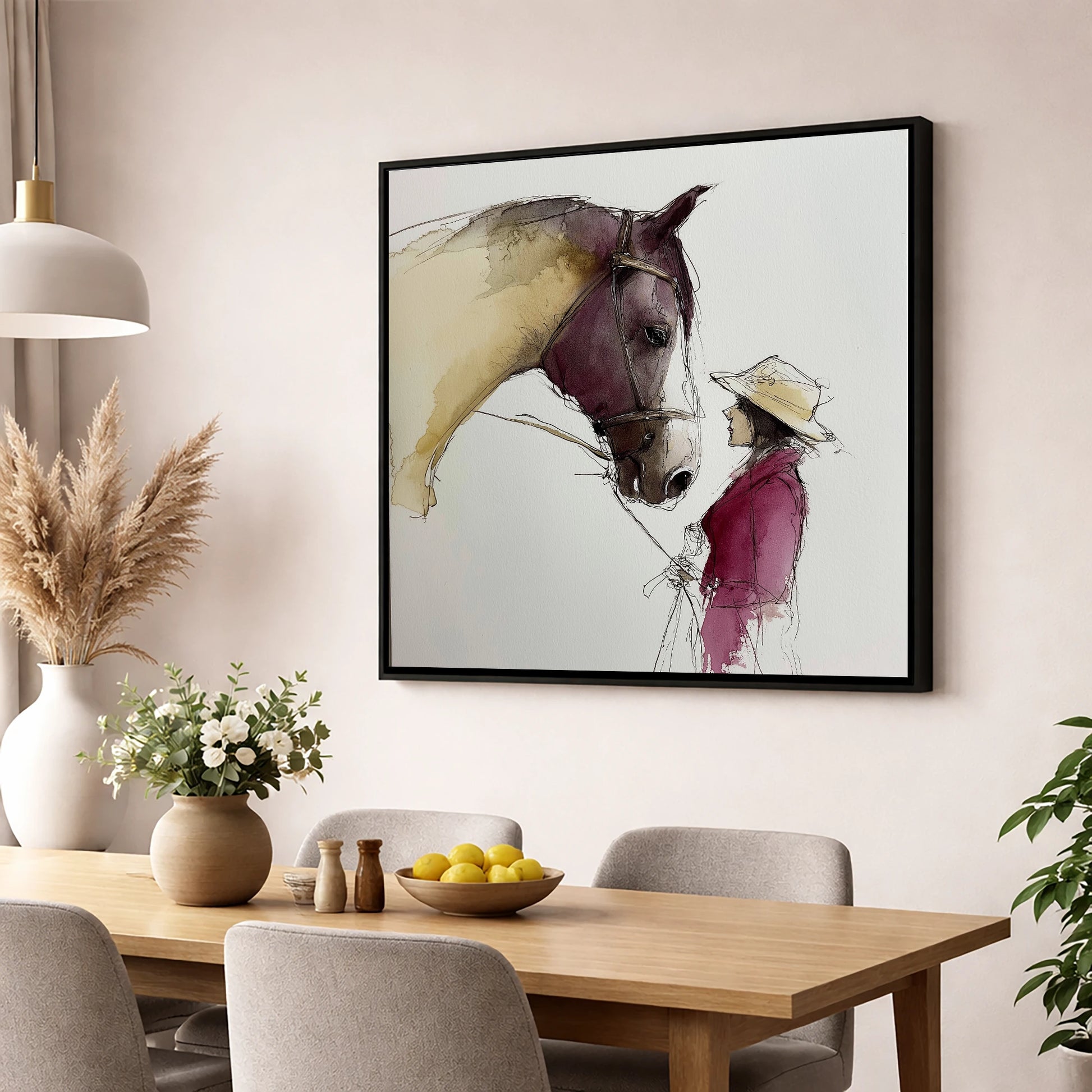 The Silent Dialogue horse & rider wall art displayed in a dining room