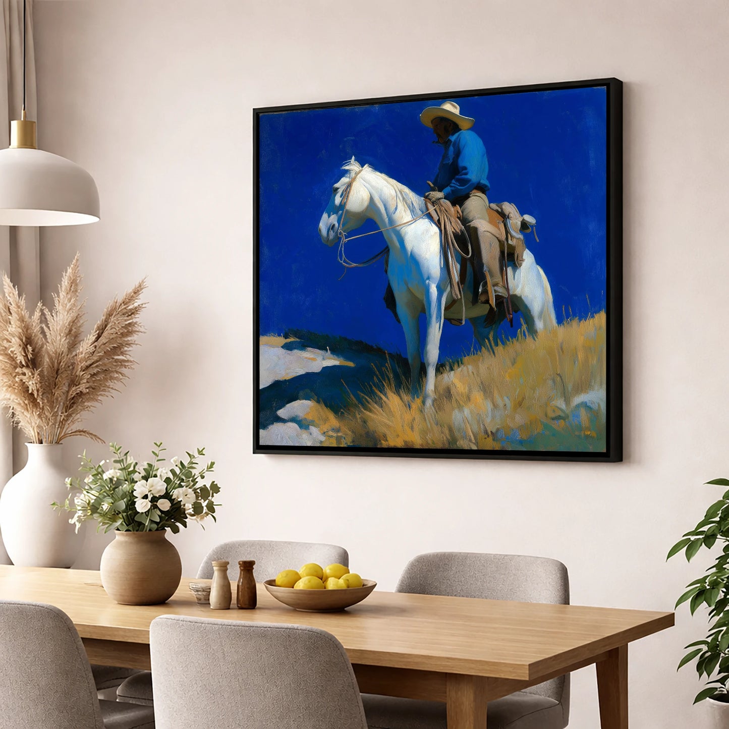 Cobalt Sky Rider western horse wall art displayed in a dining room