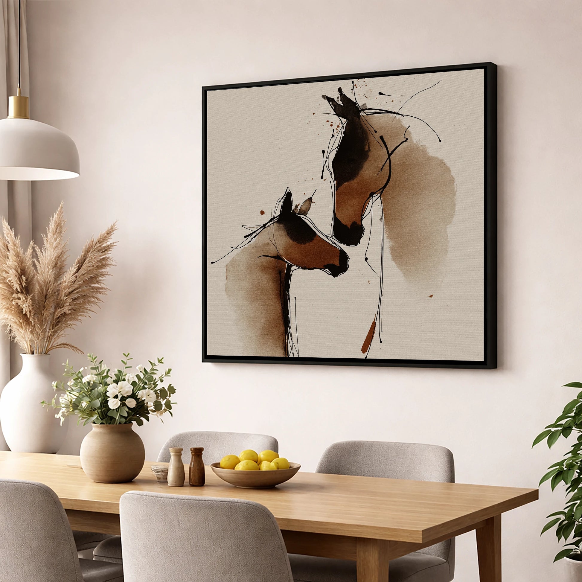 Tender Sepia Bond mare & foal wall art displayed in a dining room