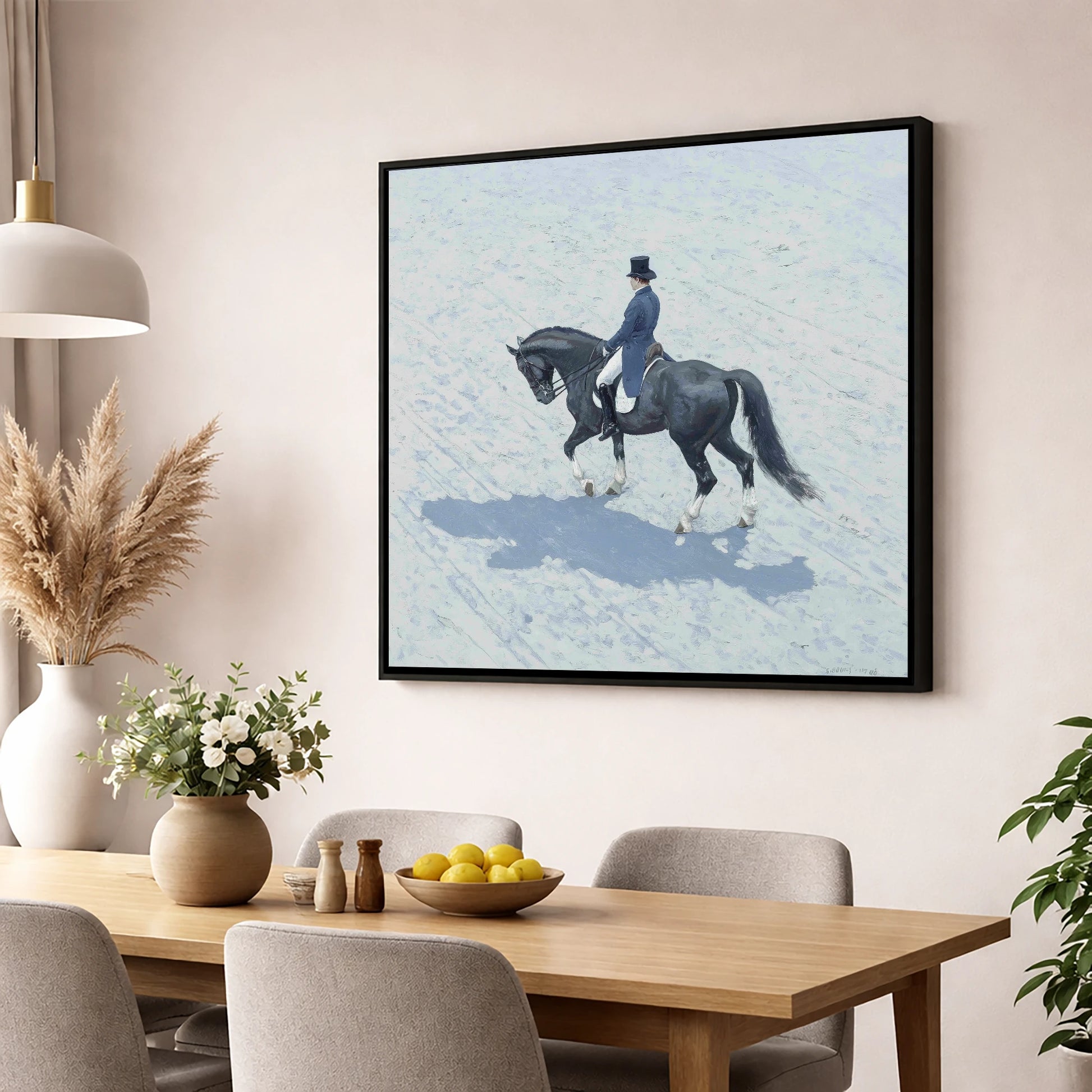 Focus and Shadow dressage horse wall art displayed in a dining room