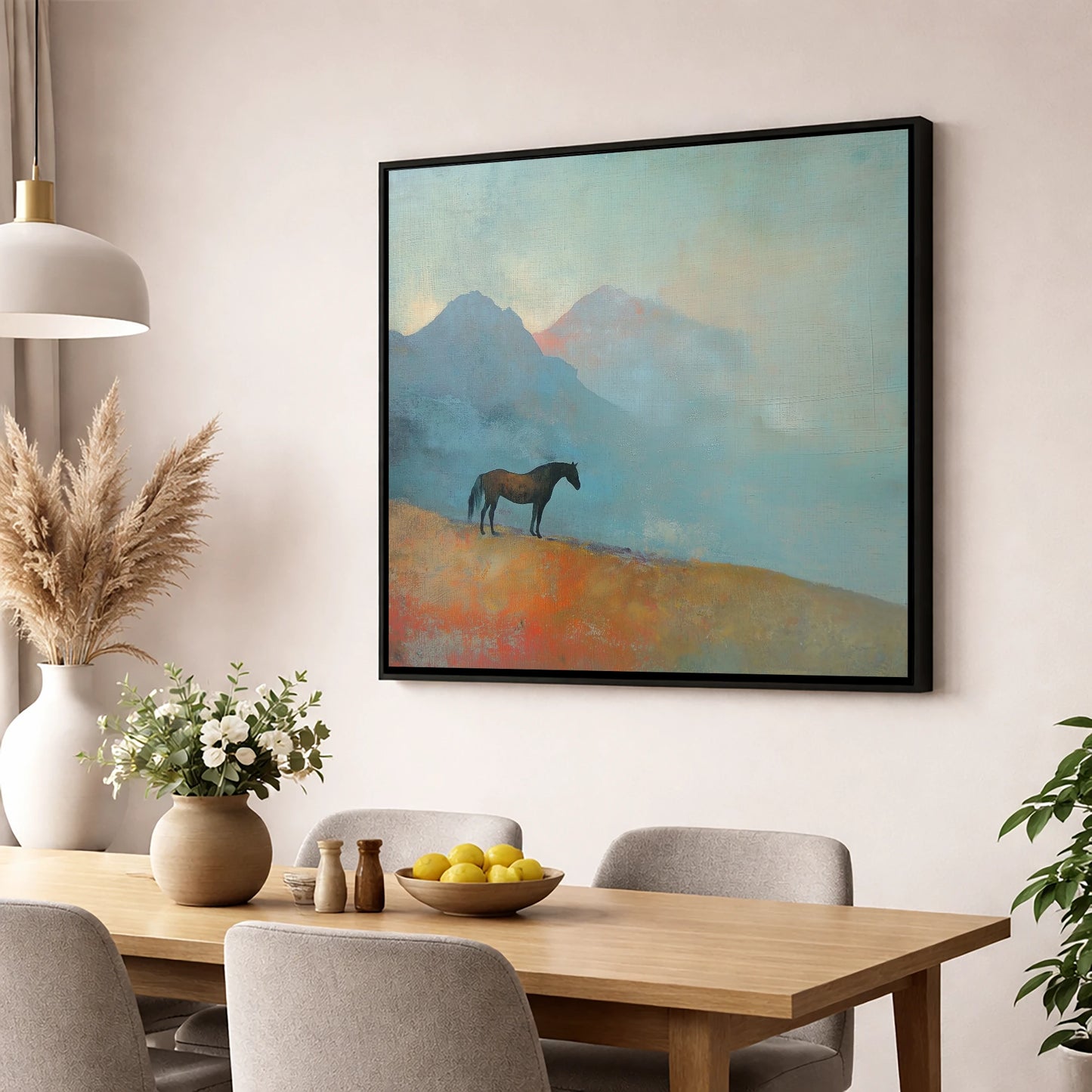 Highland Solitude horse landscape wall art displayed in a dining room