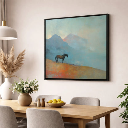 Highland Solitude horse landscape wall art displayed in a dining room