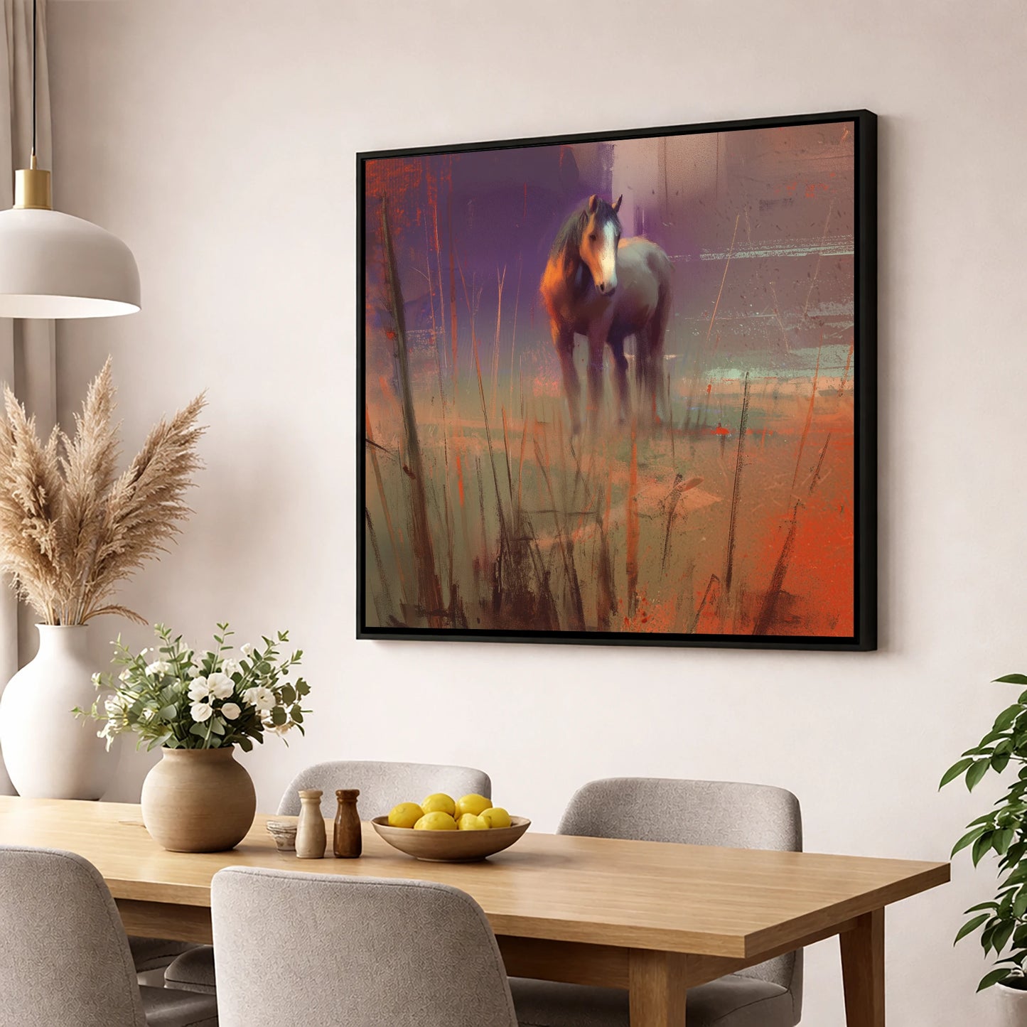 Violet Dawn Solitude horse landscape wall art displayed in a dining room