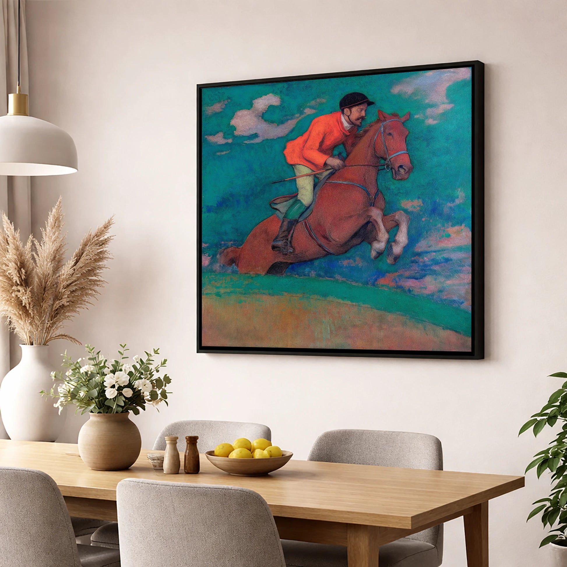 The Crimson Chase racing horse wall art displayed in a dining room
