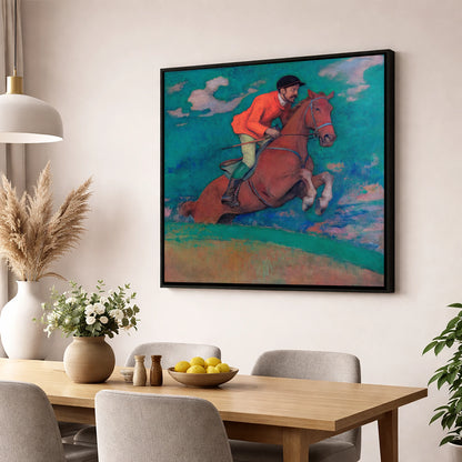 The Crimson Chase racing horse wall art displayed in a dining room