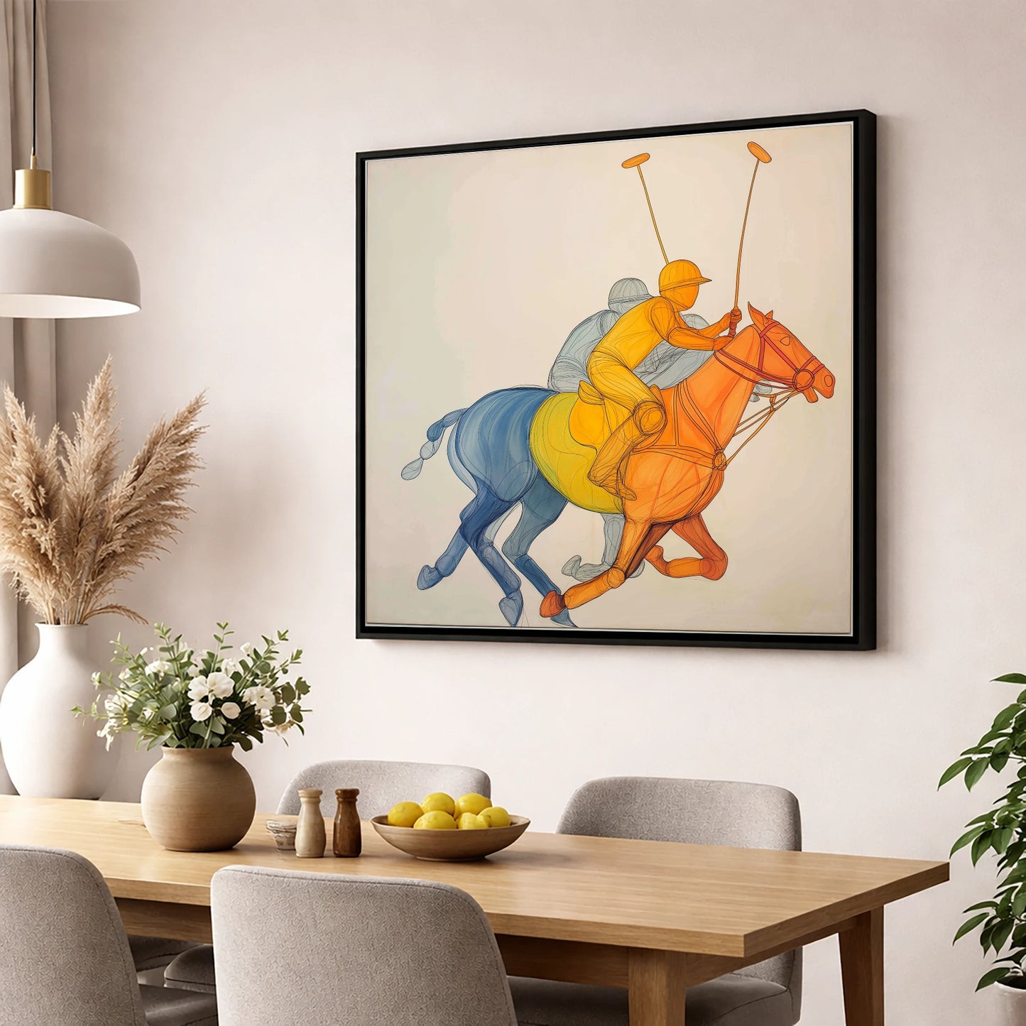Rhythm of the Chukka polo horse wall art displayed in a dining room