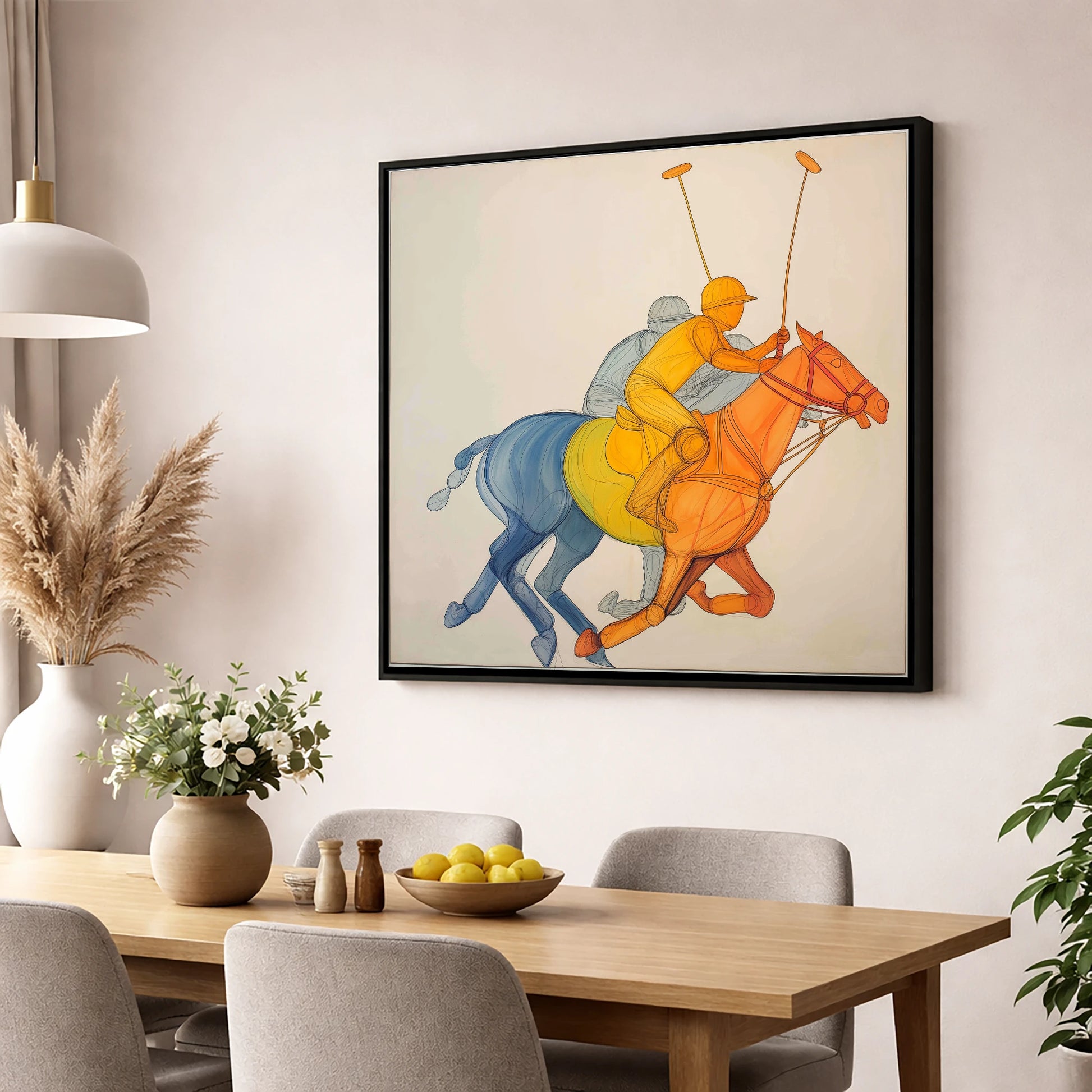 Rhythm of the Chukka polo horse wall art displayed in a dining room