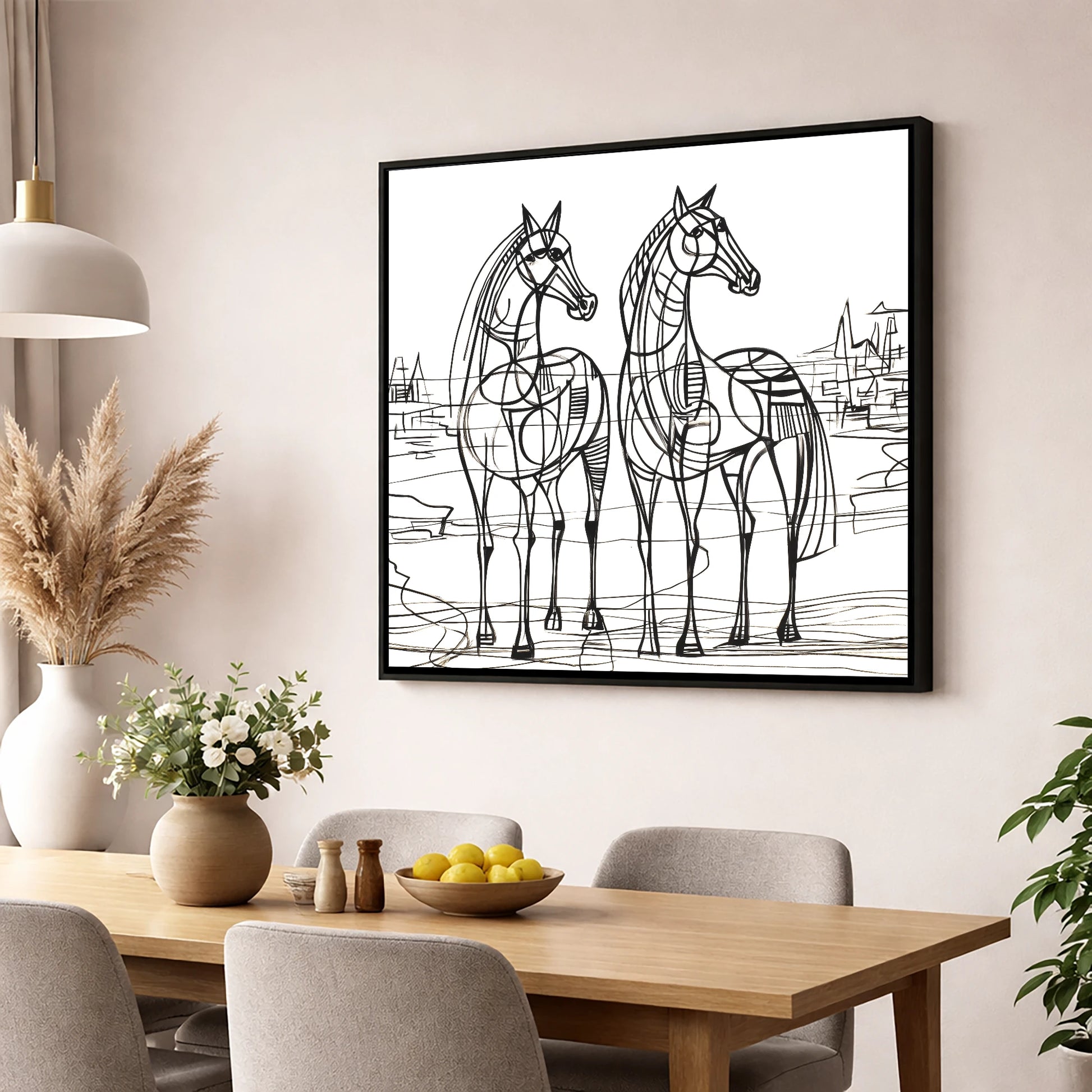 Architectural Equine Duo horse landscape wall art displayed in a dining room