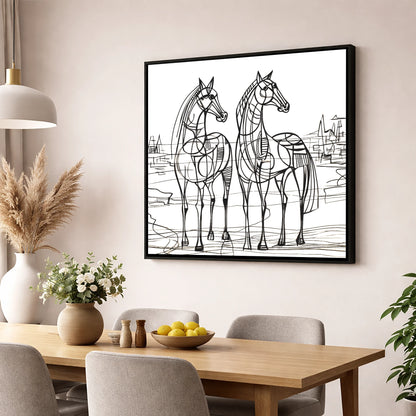 Architectural Equine Duo horse landscape wall art displayed in a dining room