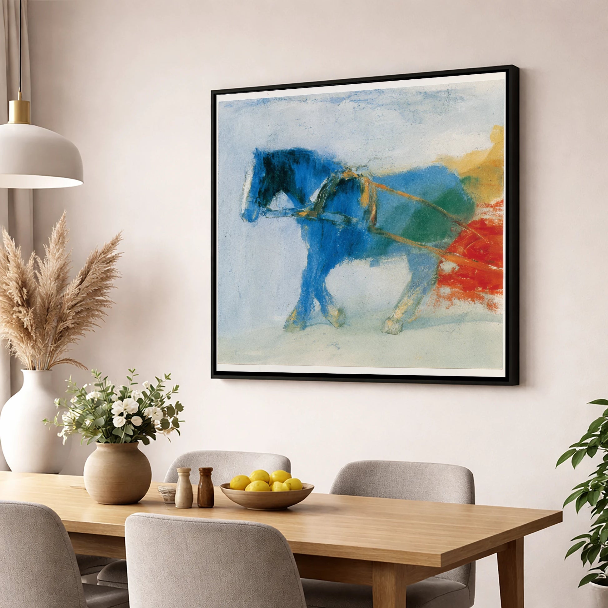 The Azure Draught working horse wall art displayed in a dining room